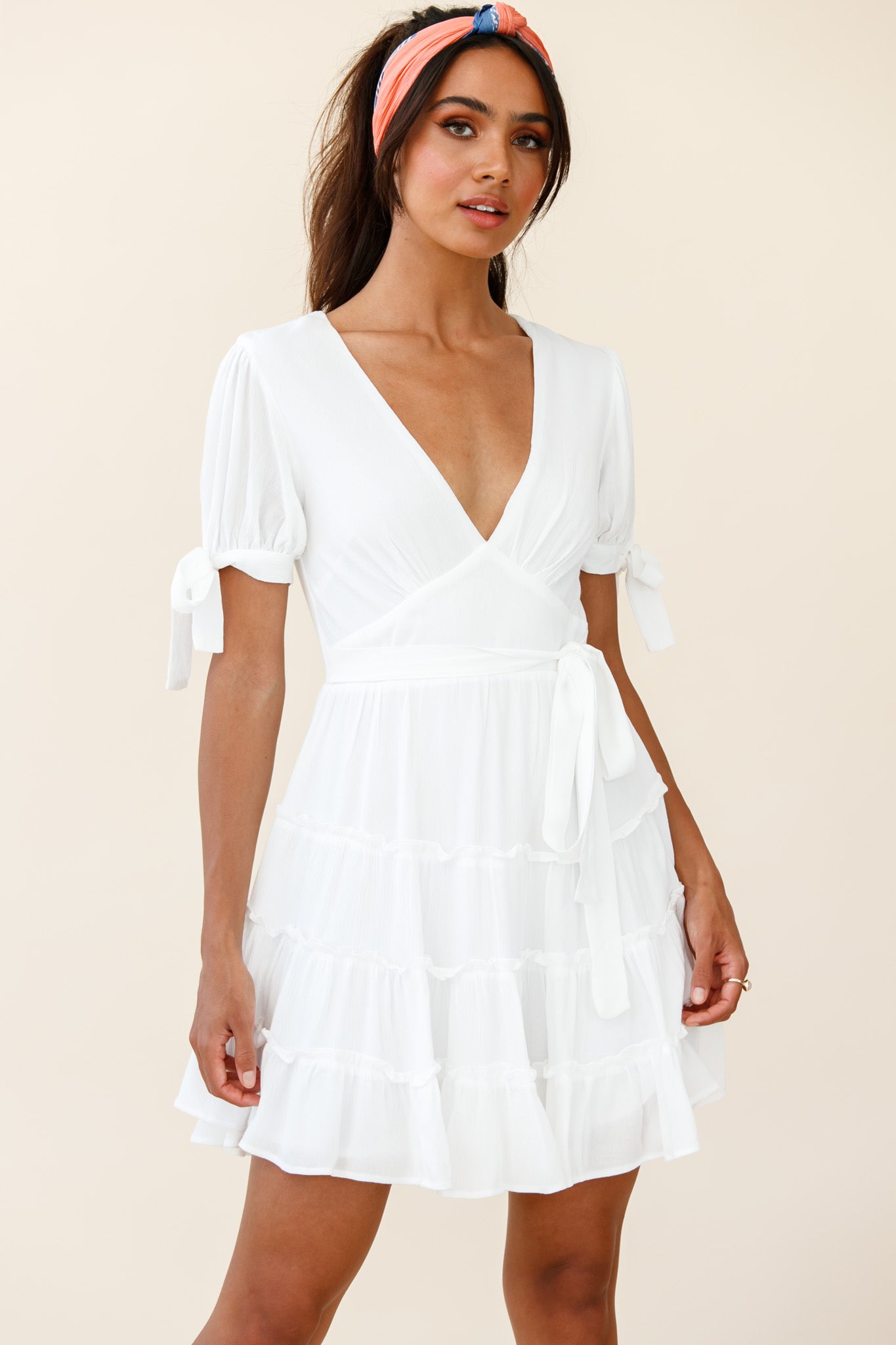 Jocelyn Short Sleeve Tied Cuff Layered Ruffle Dress White-Maymioy