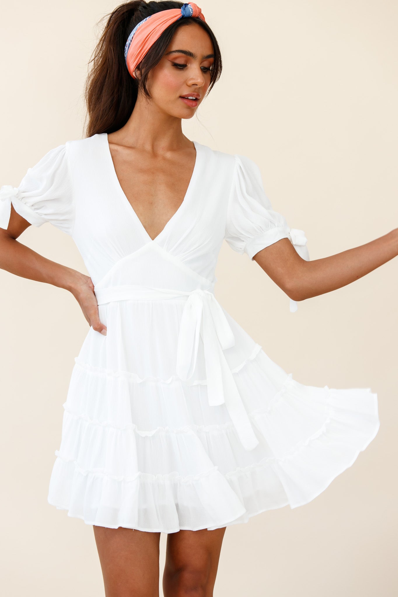 Jocelyn Short Sleeve Tied Cuff Layered Ruffle Dress White-Maymioy