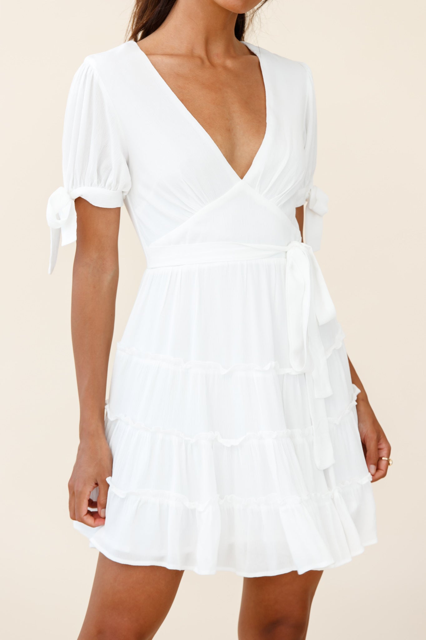 Jocelyn Short Sleeve Tied Cuff Layered Ruffle Dress White-Maymioy