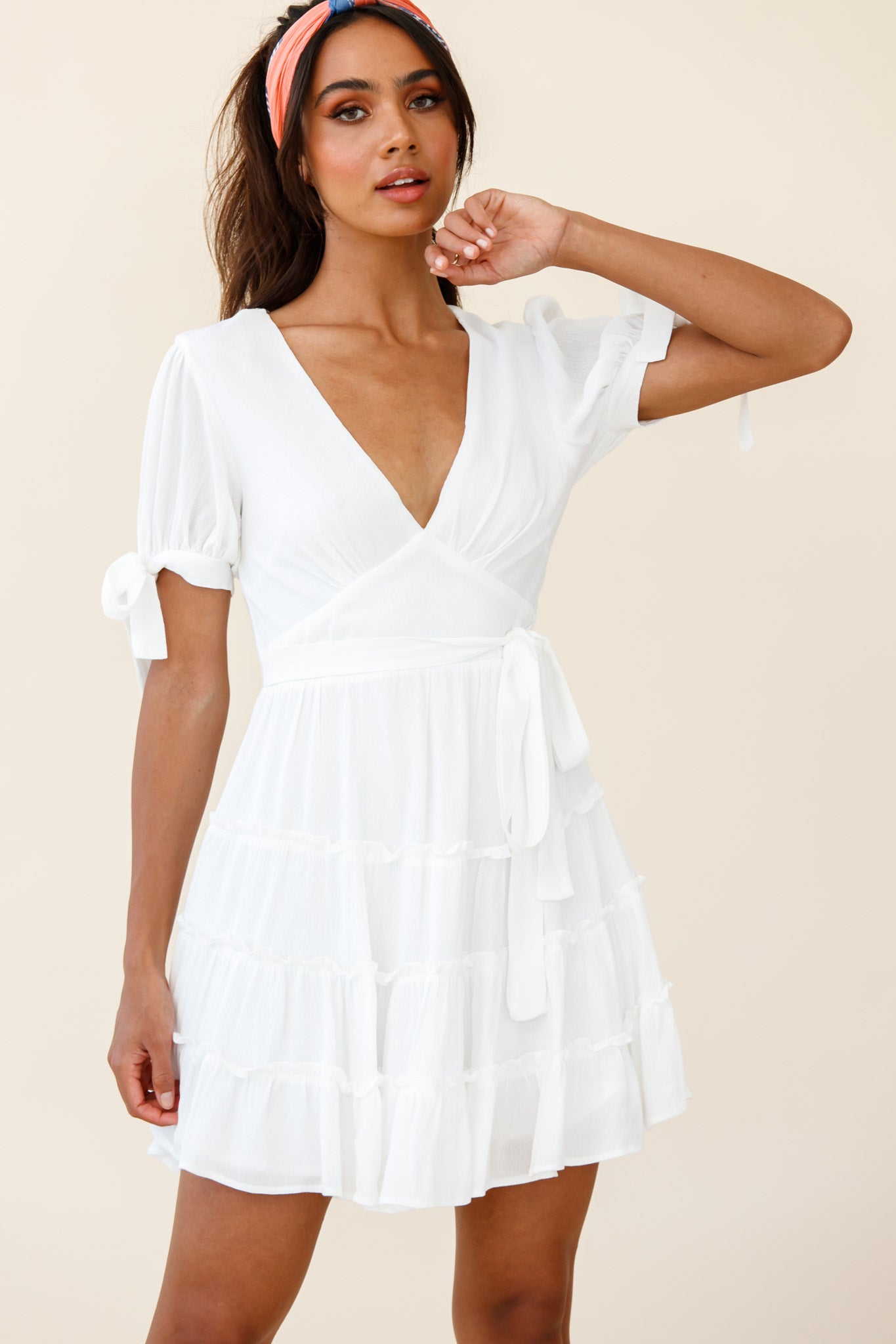 Jocelyn Short Sleeve Tied Cuff Layered Ruffle Dress White-Maymioy