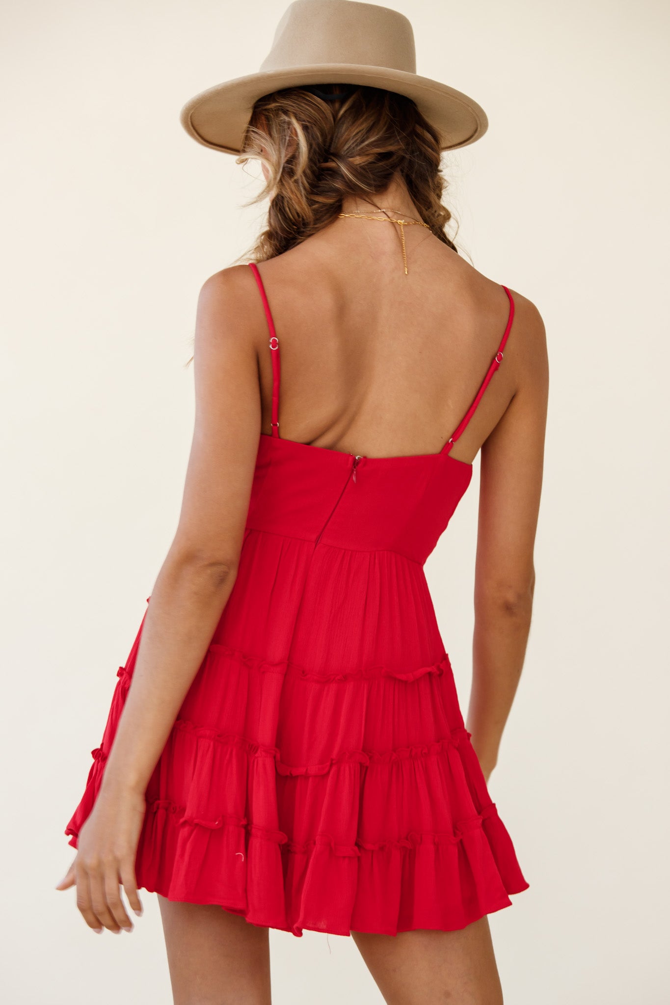 Jocelyn Cami Strap Waist Tie Frill Dress Red-Maymioy