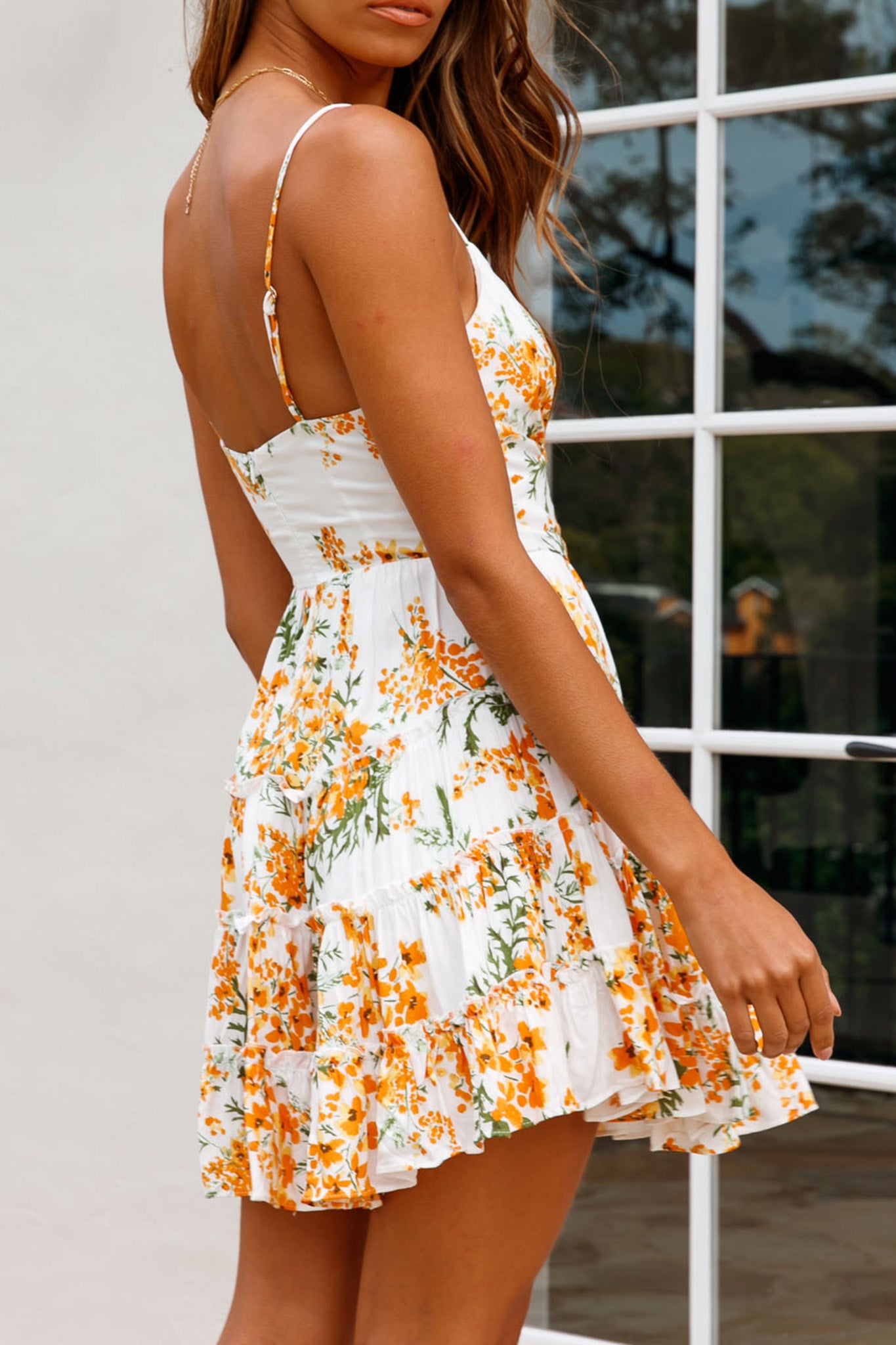 Jocelyn Cami Strap Waist Tie Frill Dress Floral Print Orange Multi-Maymioy