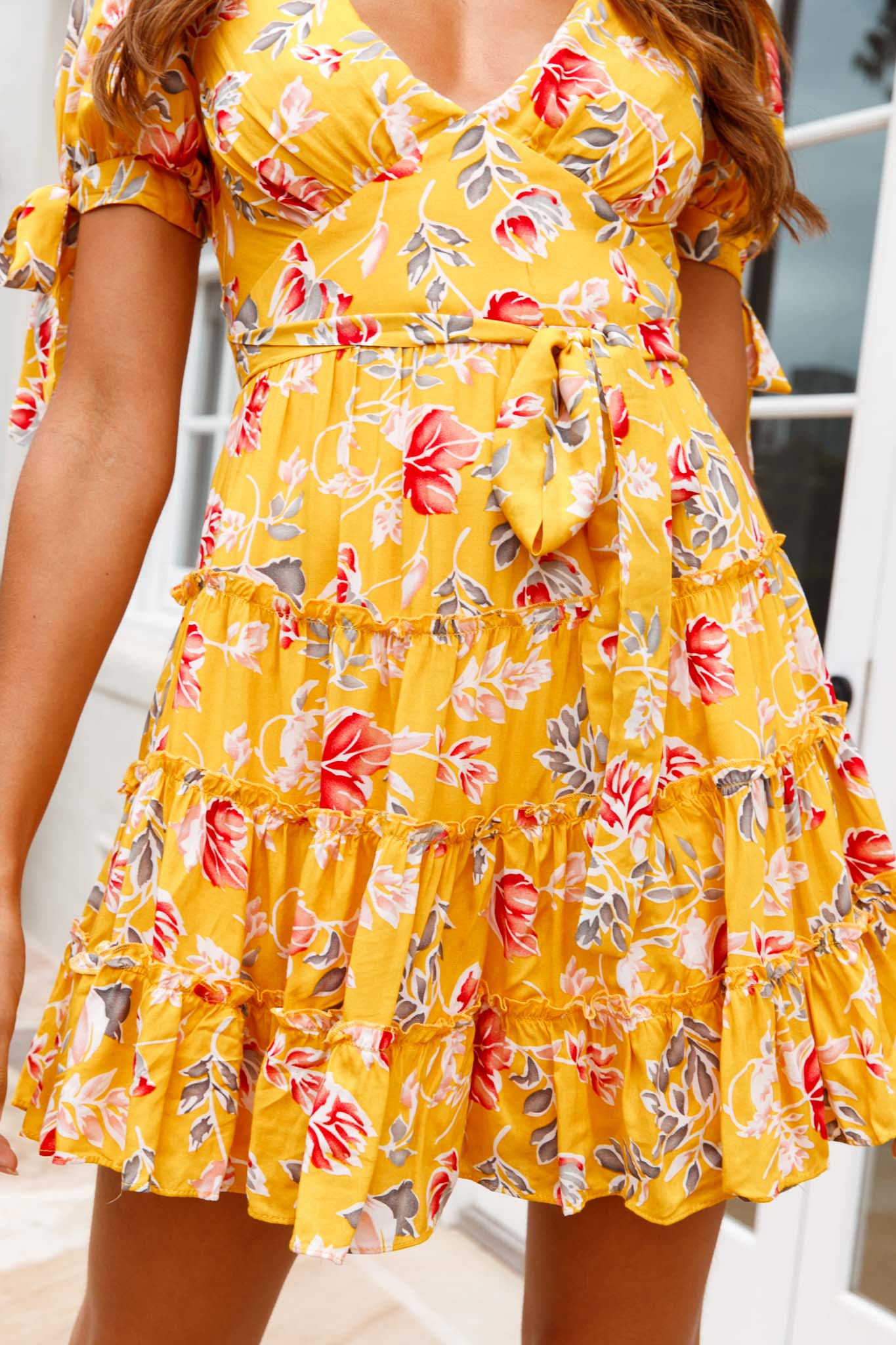 Jocelyn Short Sleeve Tied Cuff Layered Ruffle Dress Floral Print Mustard-Maymioy