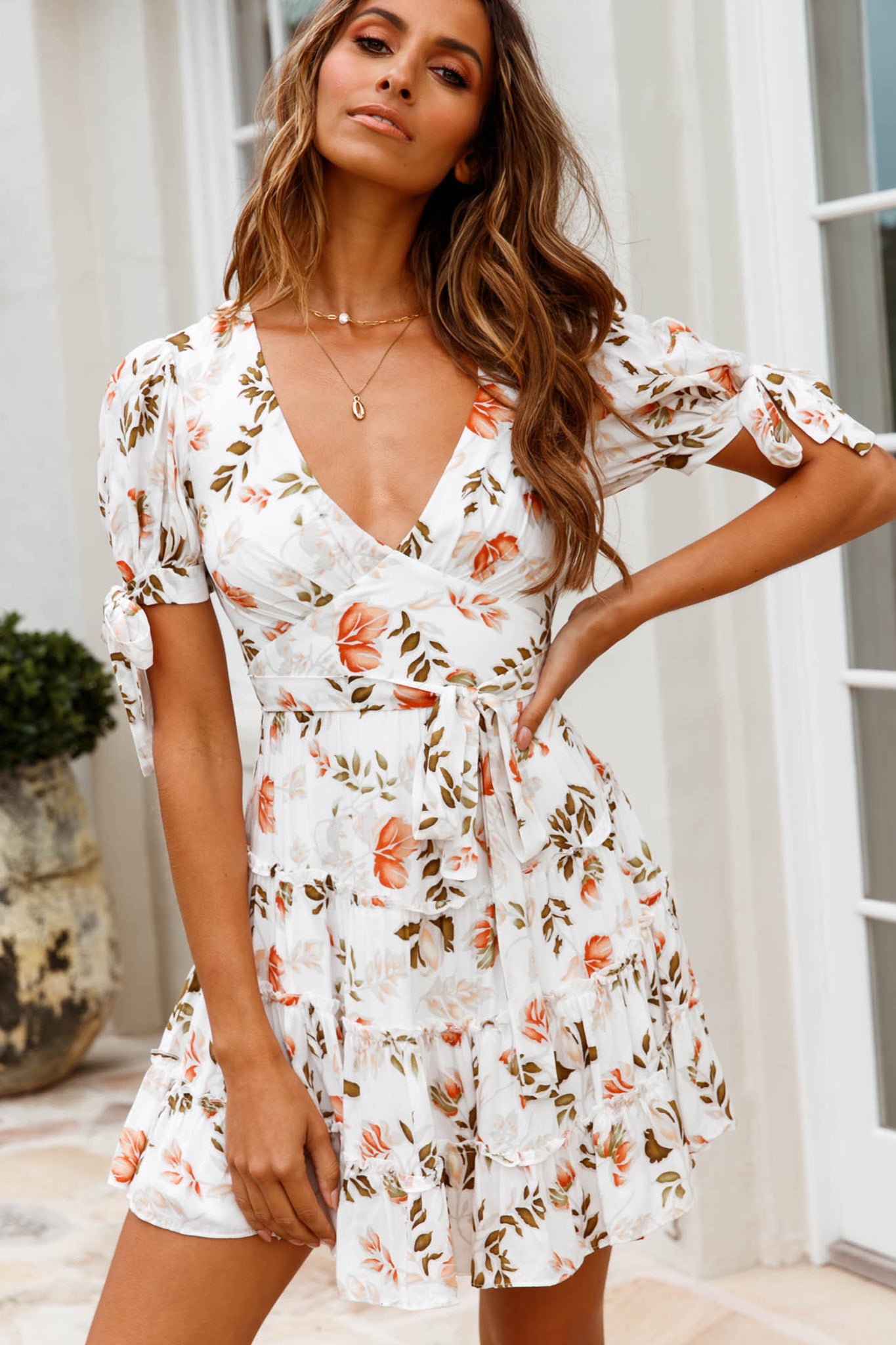 Jocelyn Short Sleeve Tied Cuff Layered Ruffle Dress Floral Print White-Maymioy