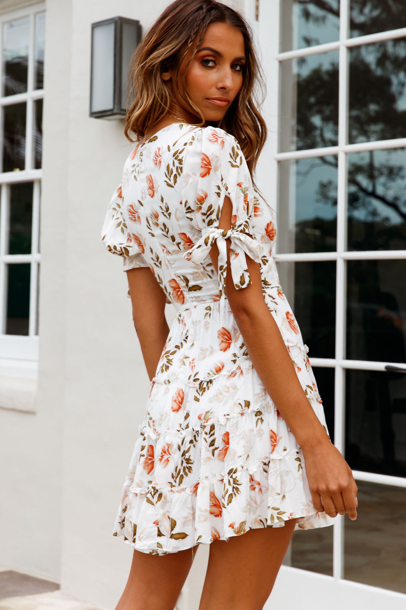 Jocelyn Short Sleeve Tied Cuff Layered Ruffle Dress Floral Print White-Maymioy
