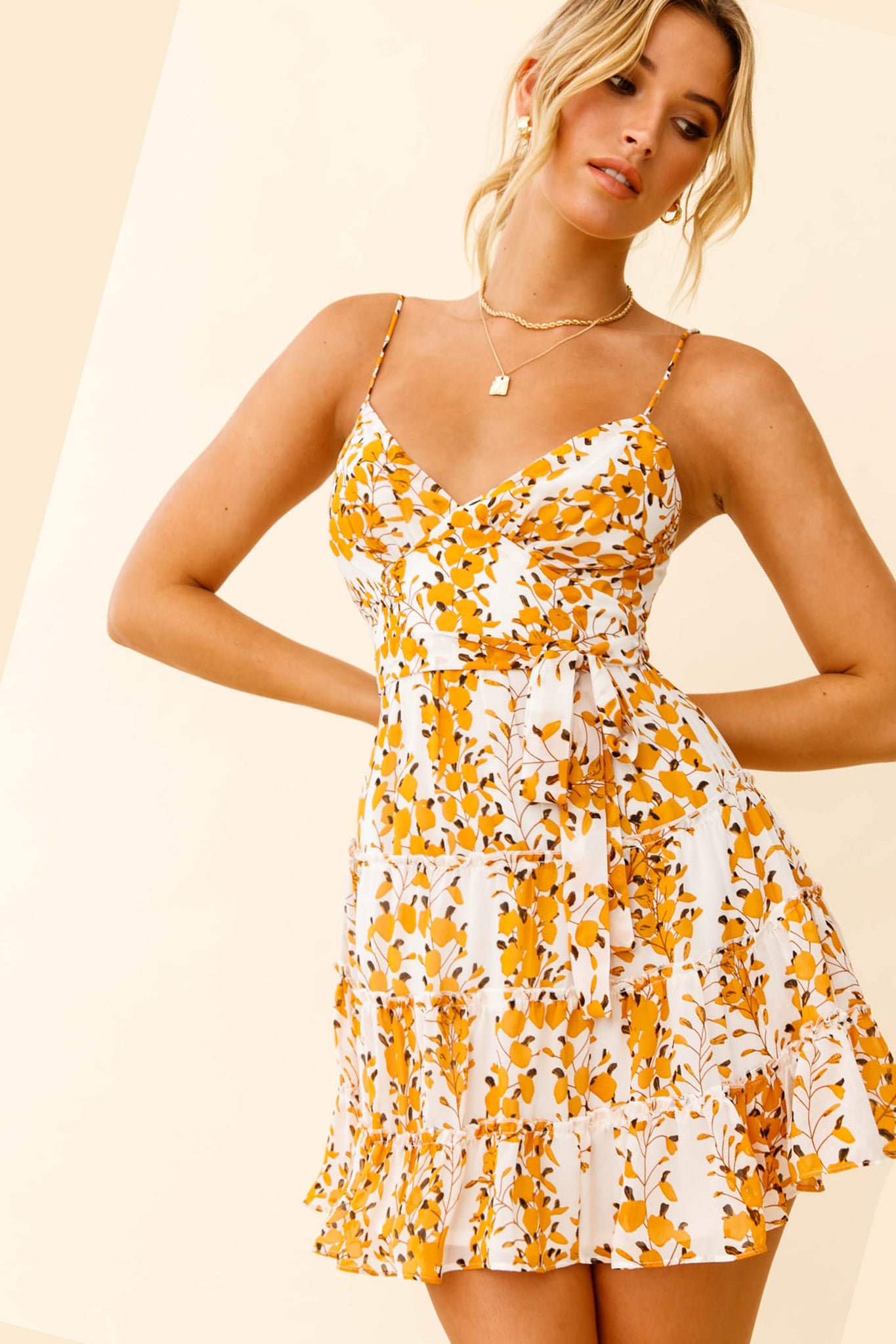 Jocelyn Cami Strap Waist Tie Ruffle Dress Floral Print Yellow-Maymioy