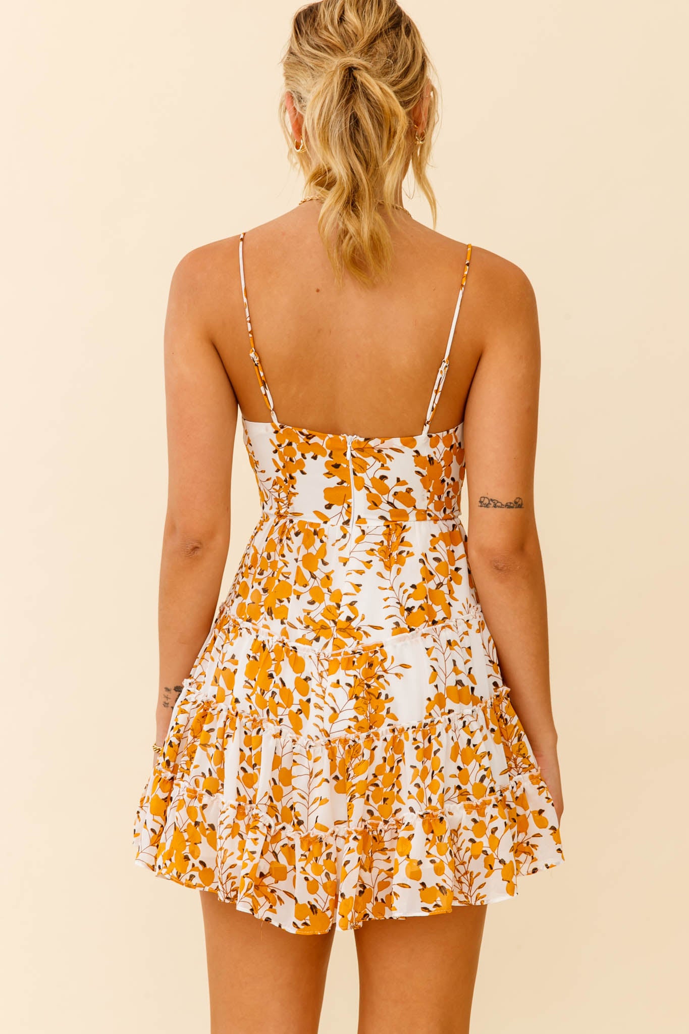 Jocelyn Cami Strap Waist Tie Ruffle Dress Floral Print Yellow-Maymioy
