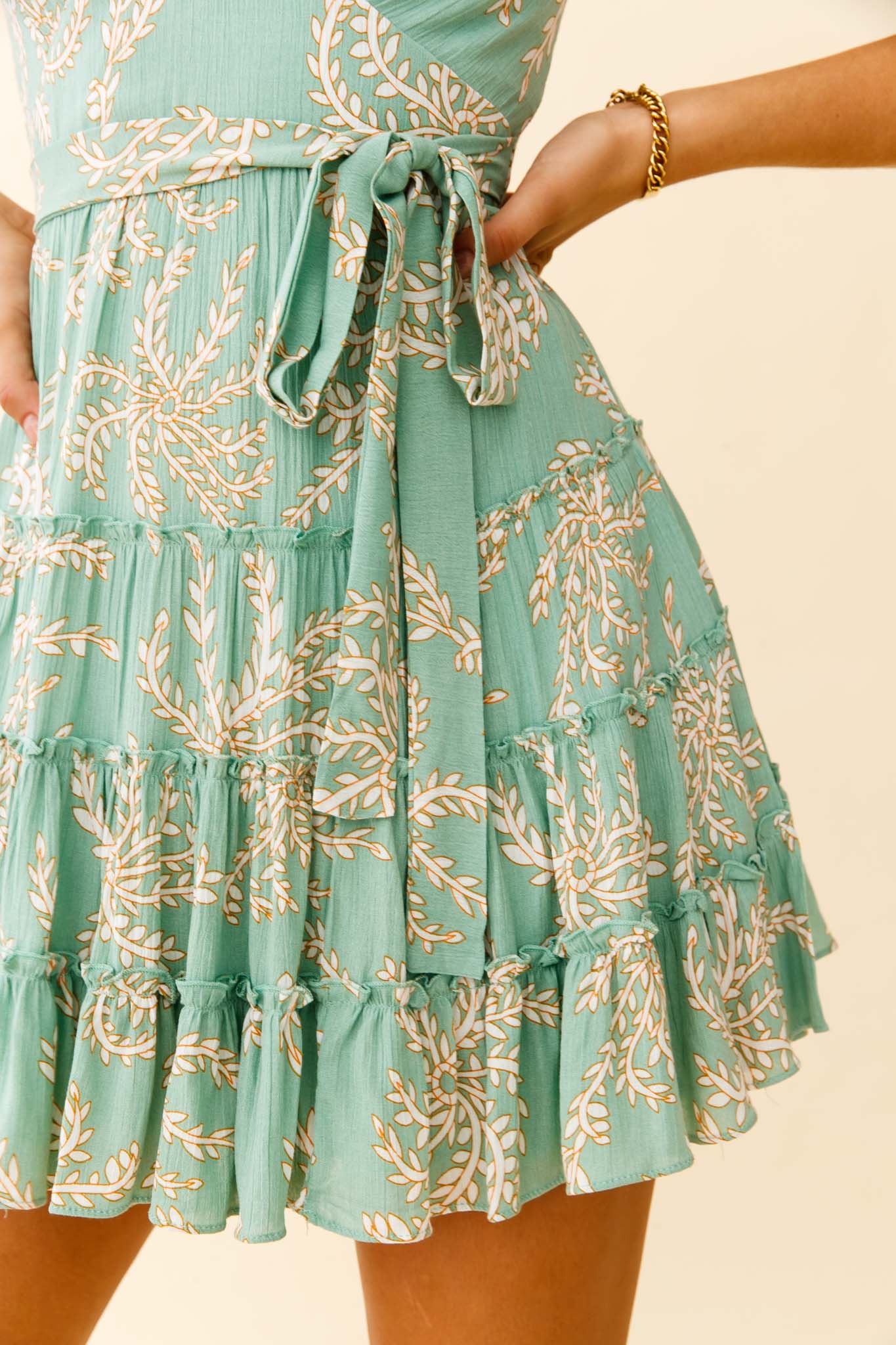 Jocelyn Cami Strap Waist Tie Ruffle Dress Leaf Print Green-Maymioy