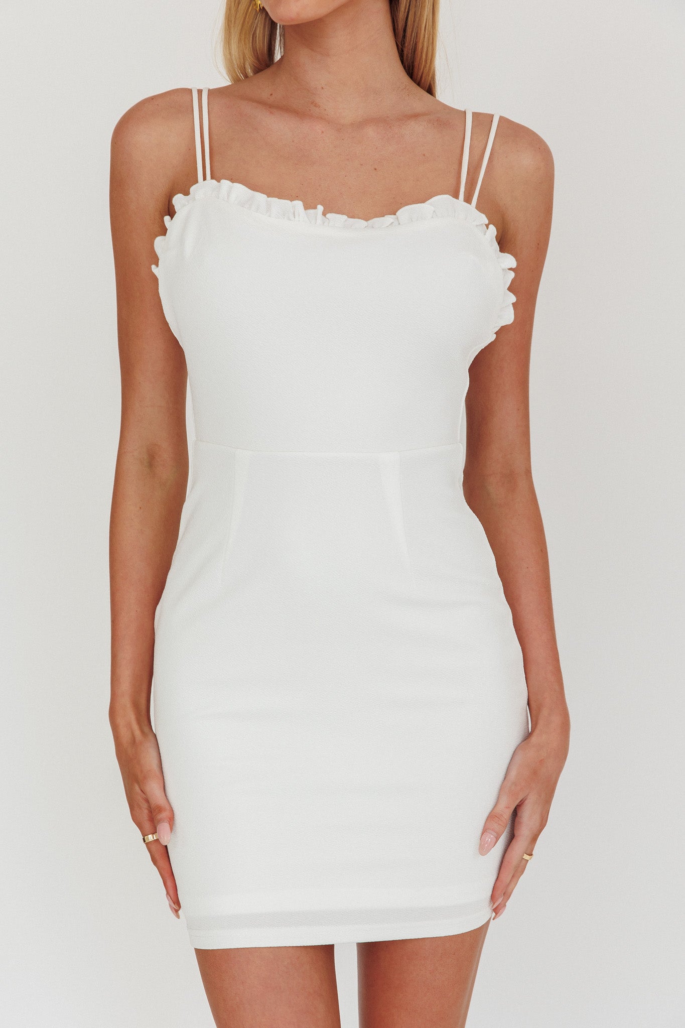 Cher Frill Neckline Double Strap Mini Dress White-Maymioy