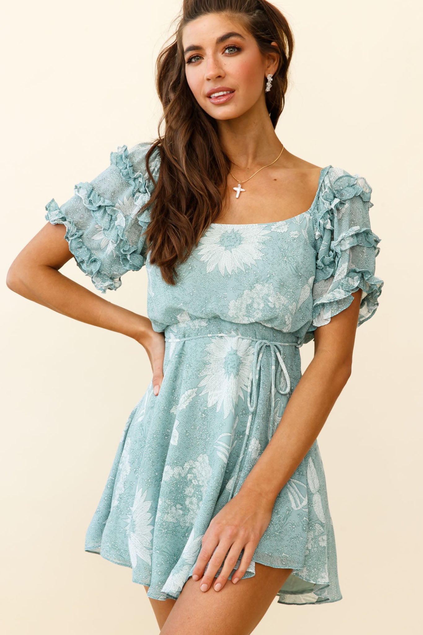 Rosa Short Sleeve Frill Accent Dress Floral Print Sage-Maymioy