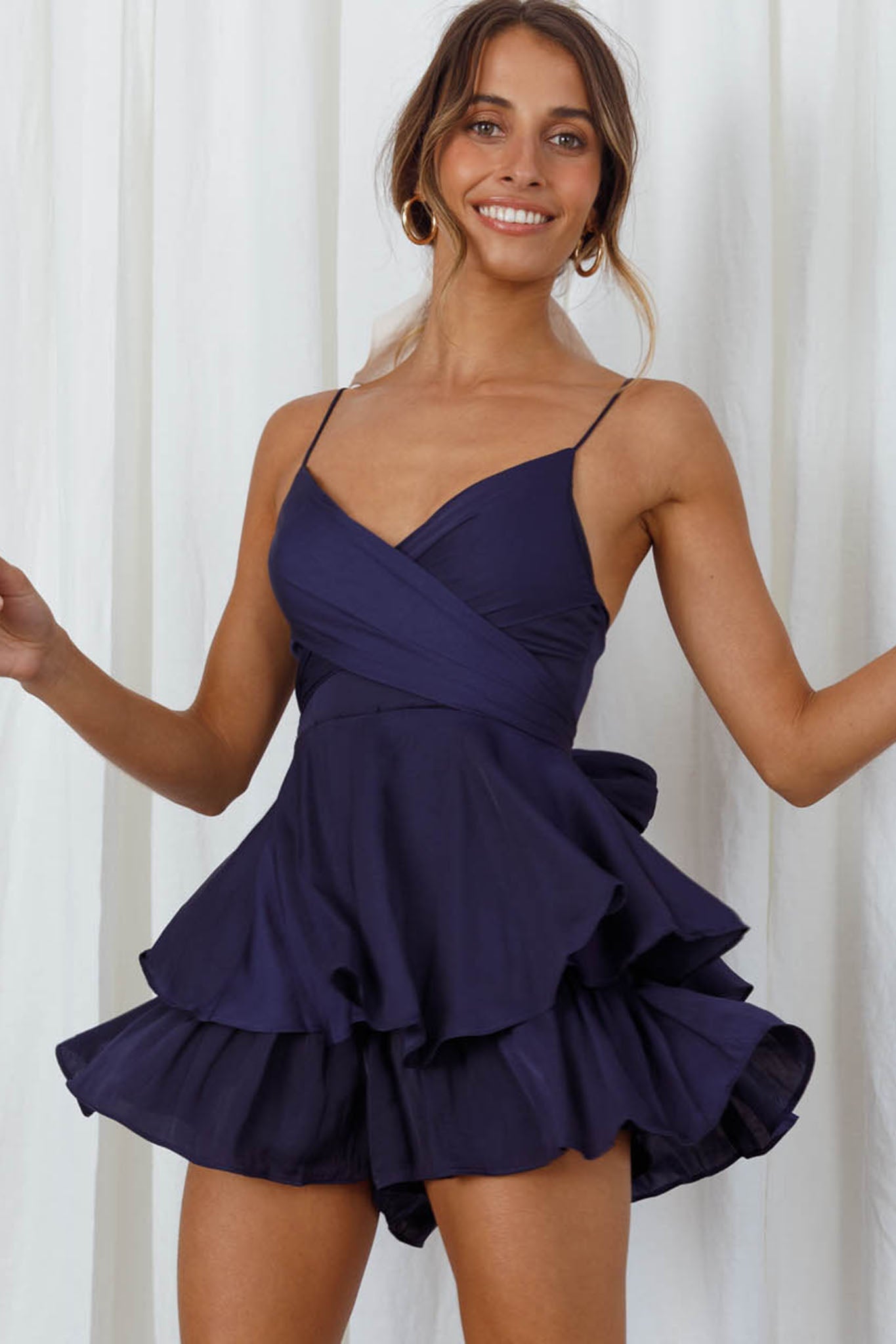 It's Complicated Crossover Bodice Flounce Romper Navy-Maymioy