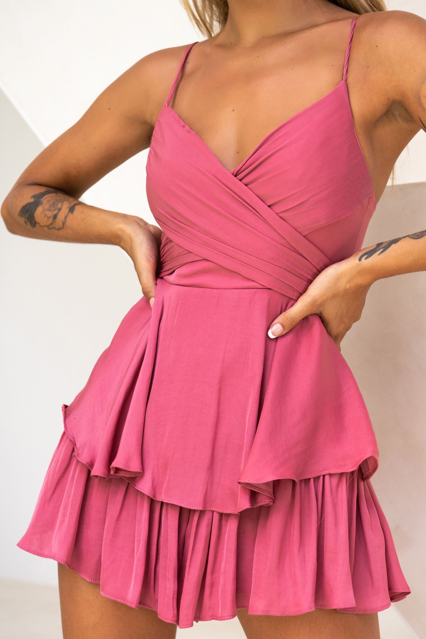 It's Complicated Crossover Bodice Flounce Romper Rose-Maymioy