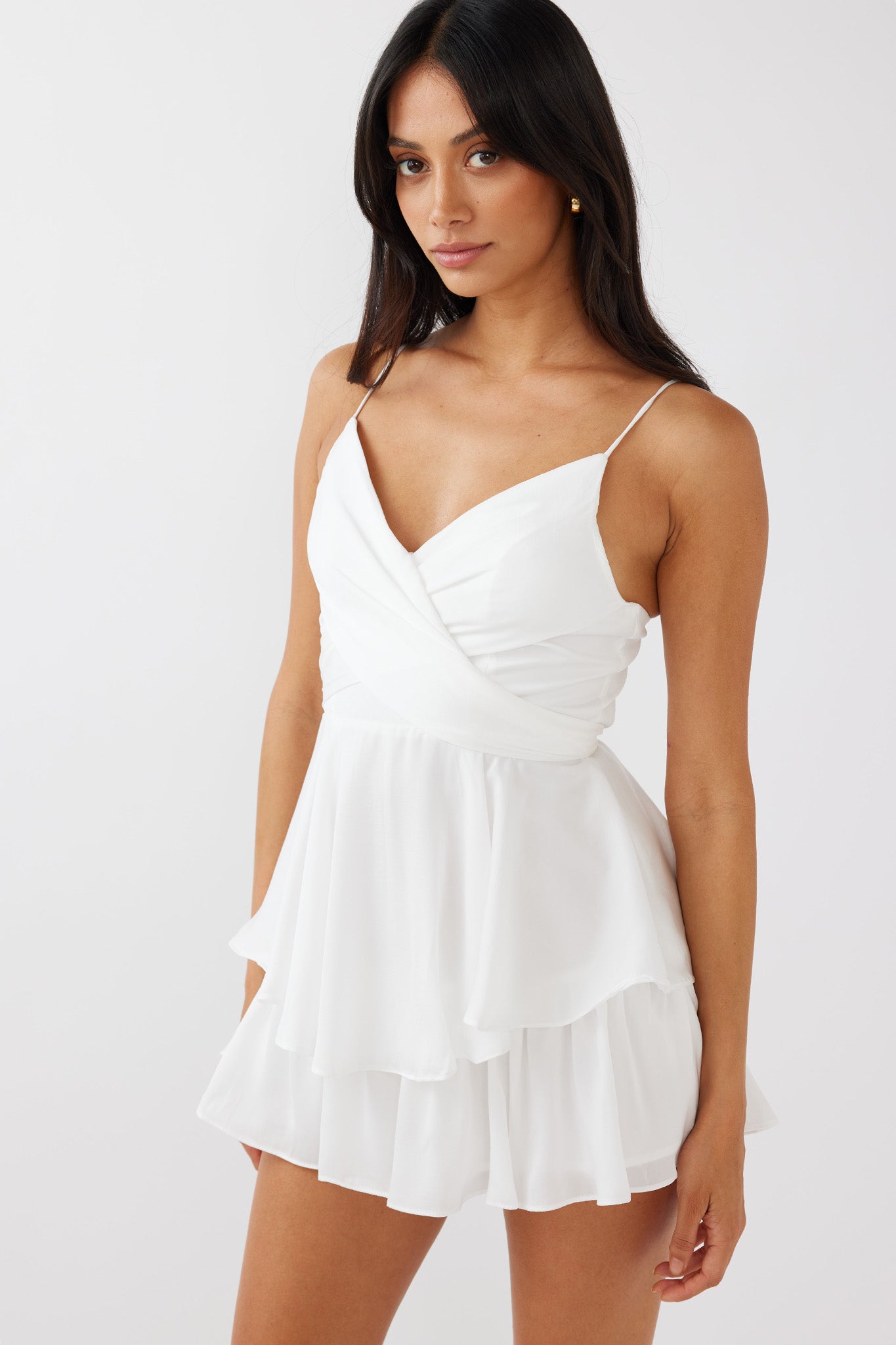 It's Complicated Crossover Bodice Flounce Romper White-Maymioy