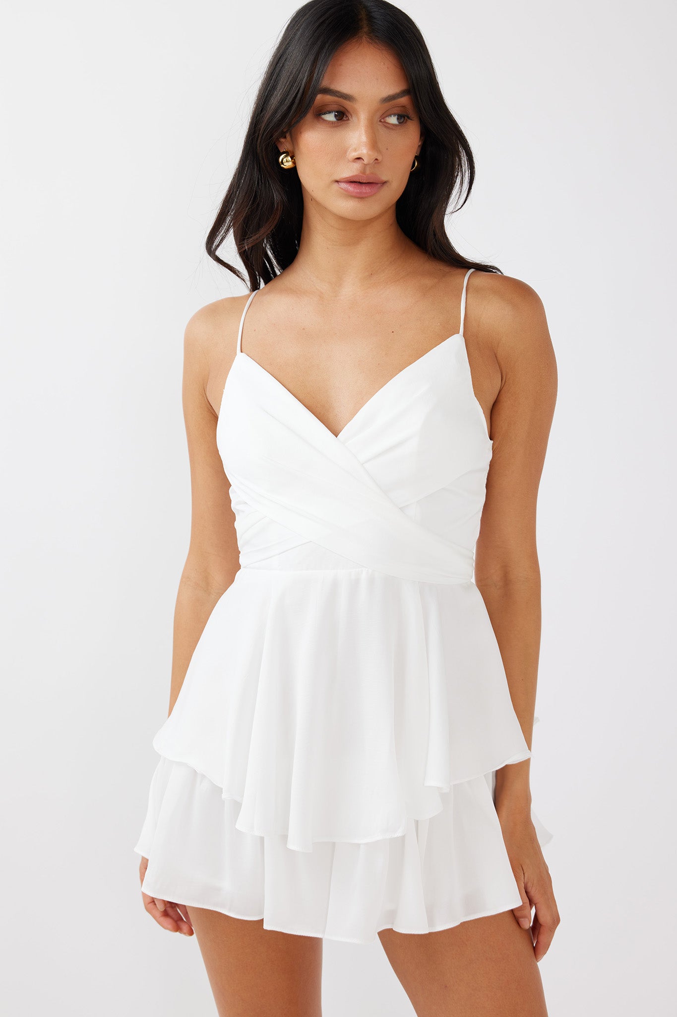 It's Complicated Crossover Bodice Flounce Romper White-Maymioy