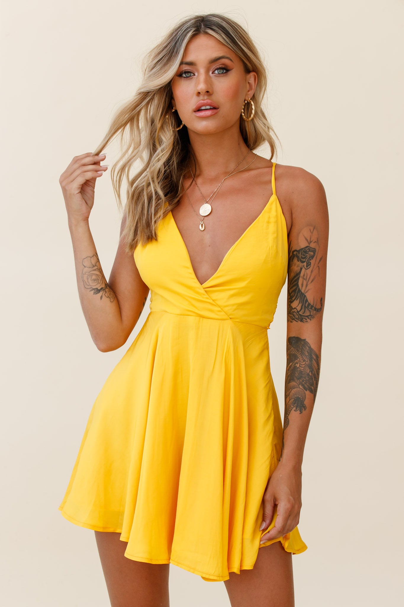 Secret Place Strappy Tie Back Party Dress Yellow-Maymioy