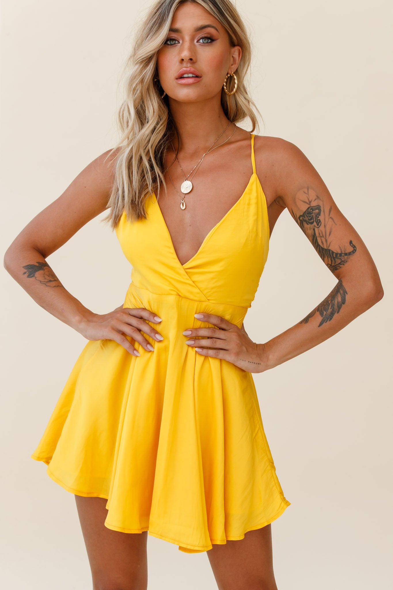 Secret Place Strappy Tie Back Party Dress Yellow-Maymioy