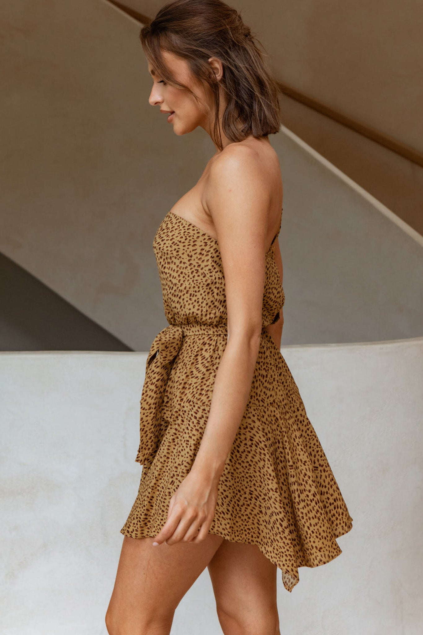 Supernatural Feeling One-Shoulder Waist Tie Dress Animal Print Mustard-Maymioy
