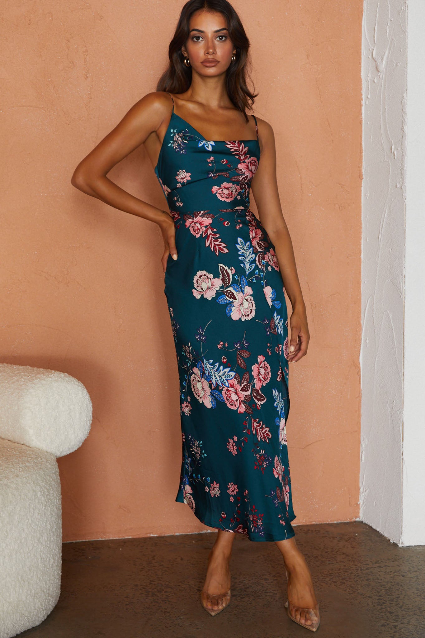 Suki Front Split Midi Dress Oriental Floral Print Forest Green-Maymioy