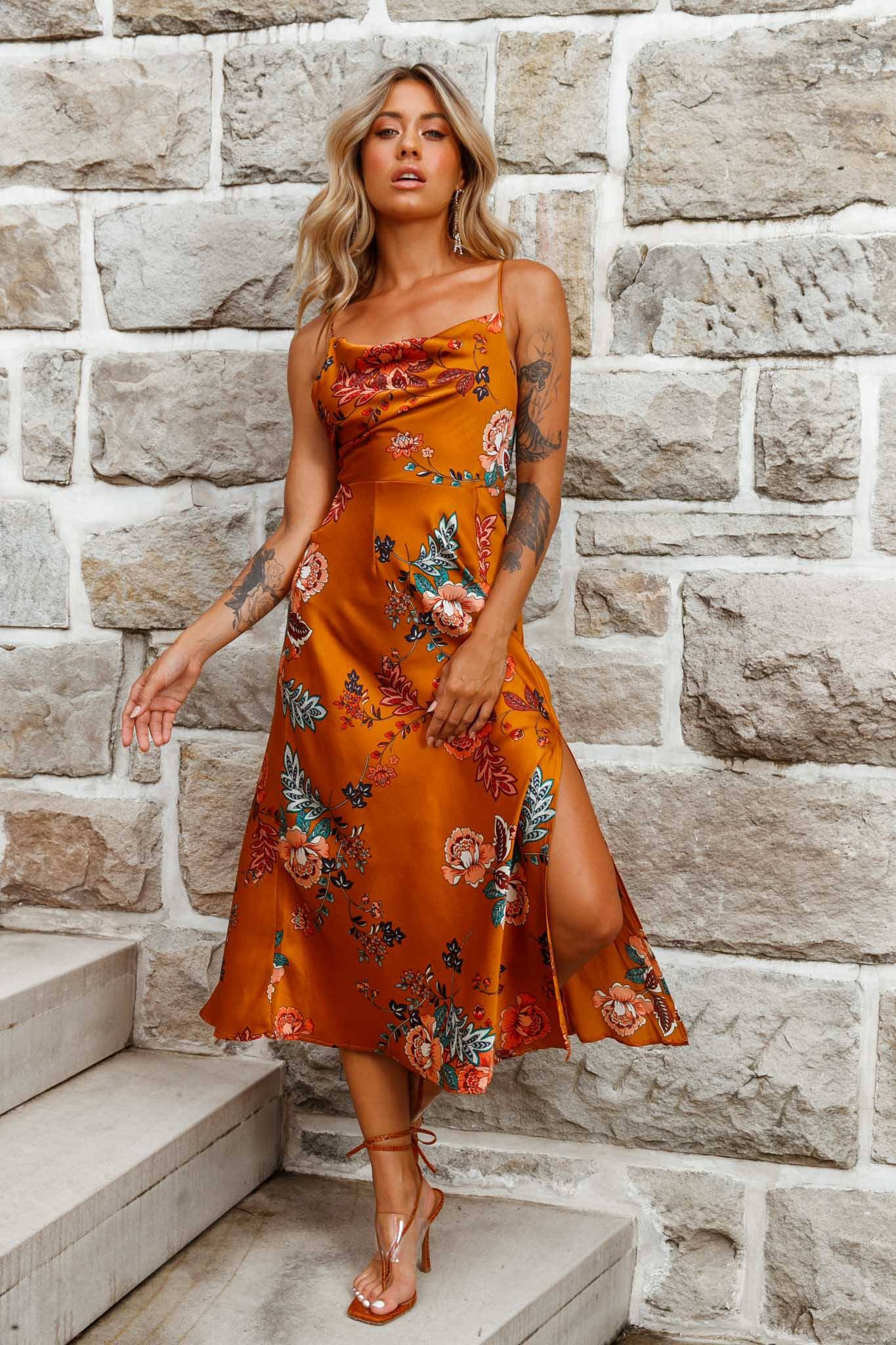 Suki Front Split Midi Dress Oriental Floral Print Mustard-Maymioy