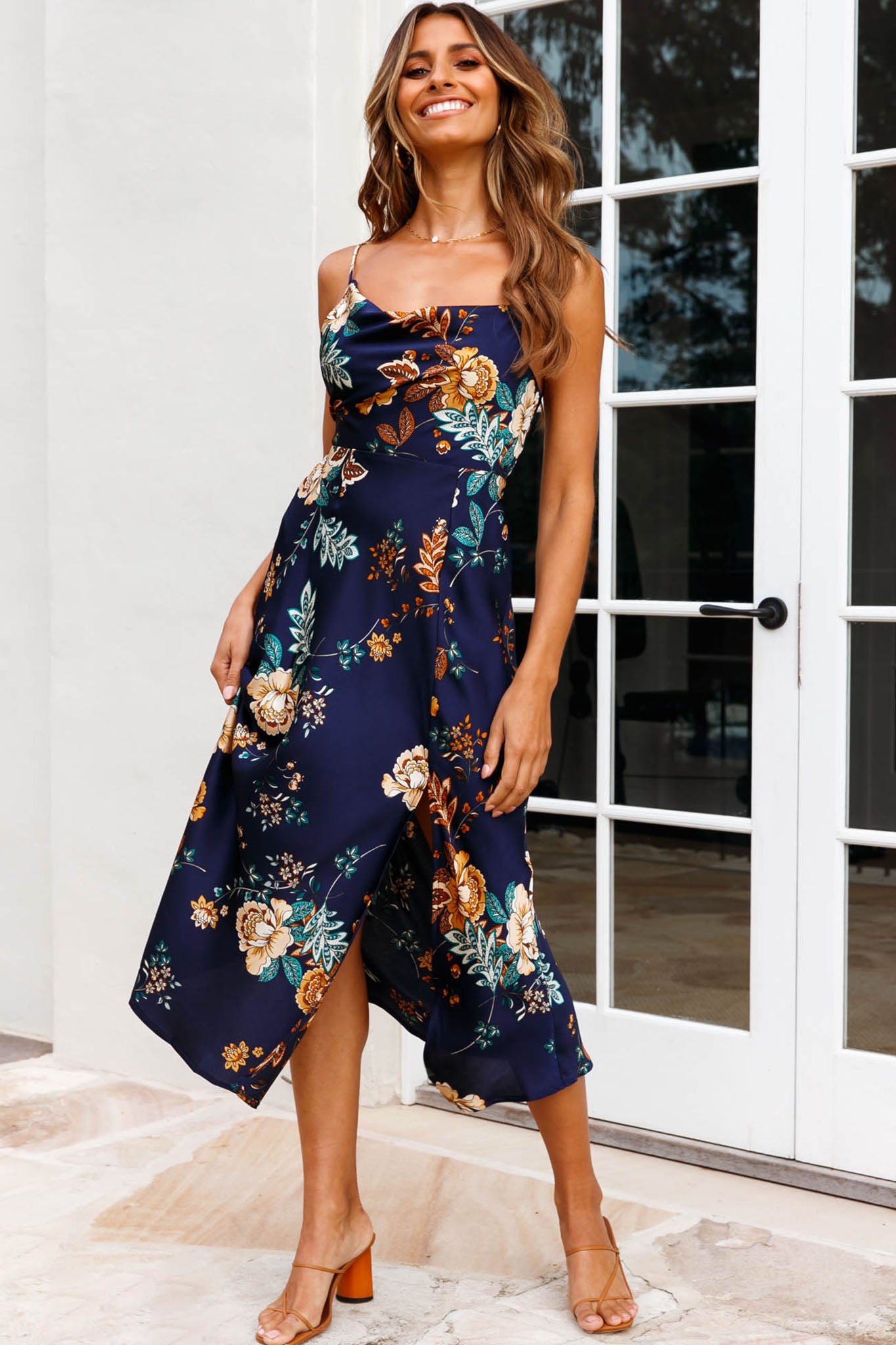 Suki Front Split Midi Dress Oriental Floral Print Navy-Maymioy