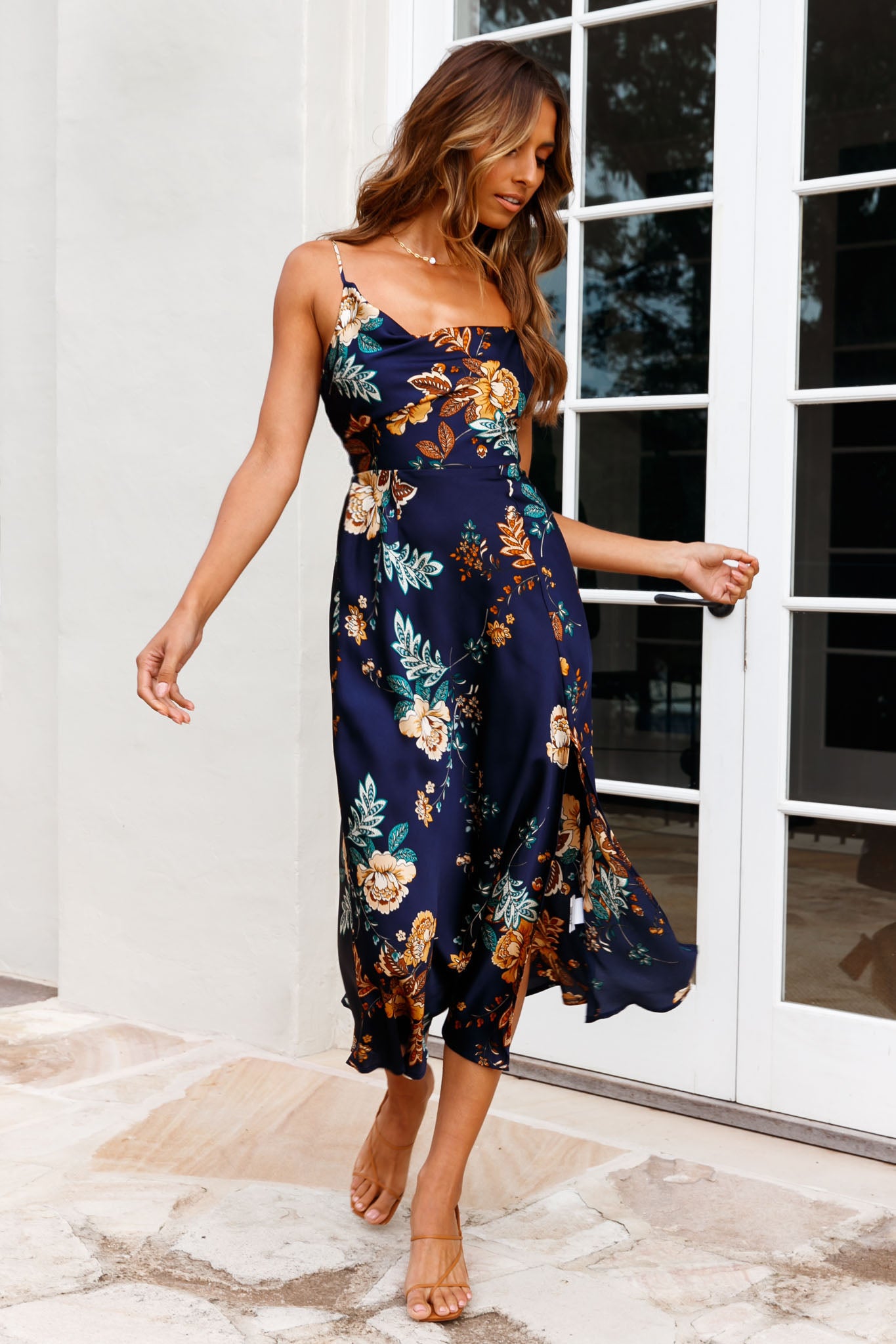 Suki Front Split Midi Dress Oriental Floral Print Navy-Maymioy