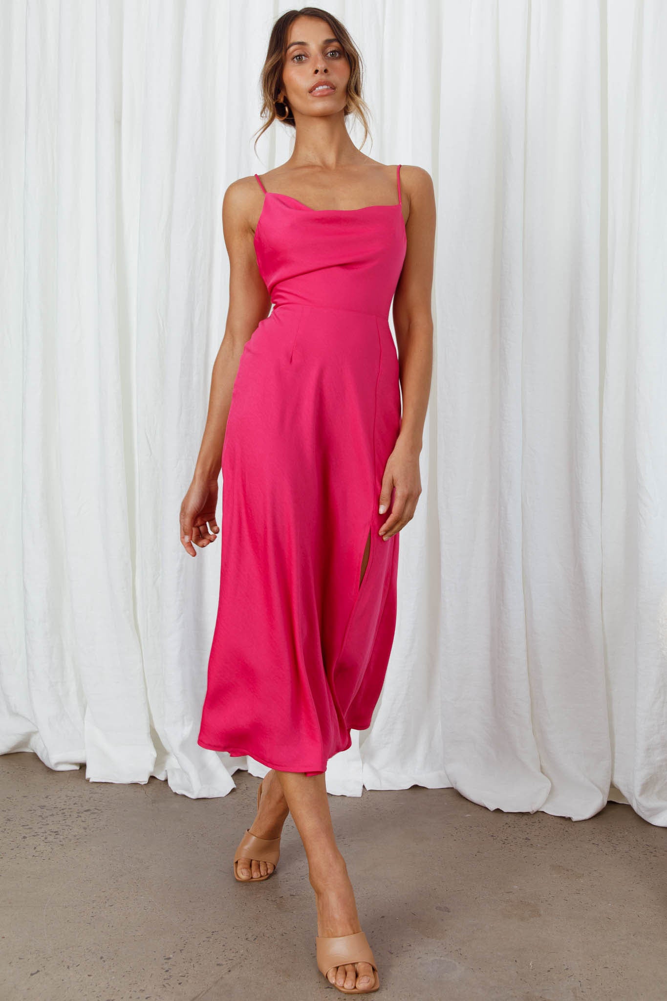 Suki Front Split Midi Dress Hot Pink-Maymioy
