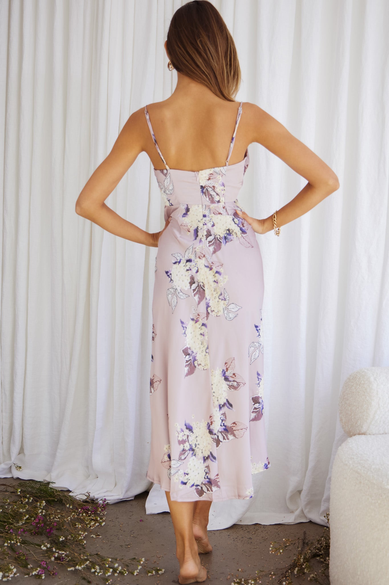 Suki Front Split Midi Dress Hydrangea Print Pink-Maymioy