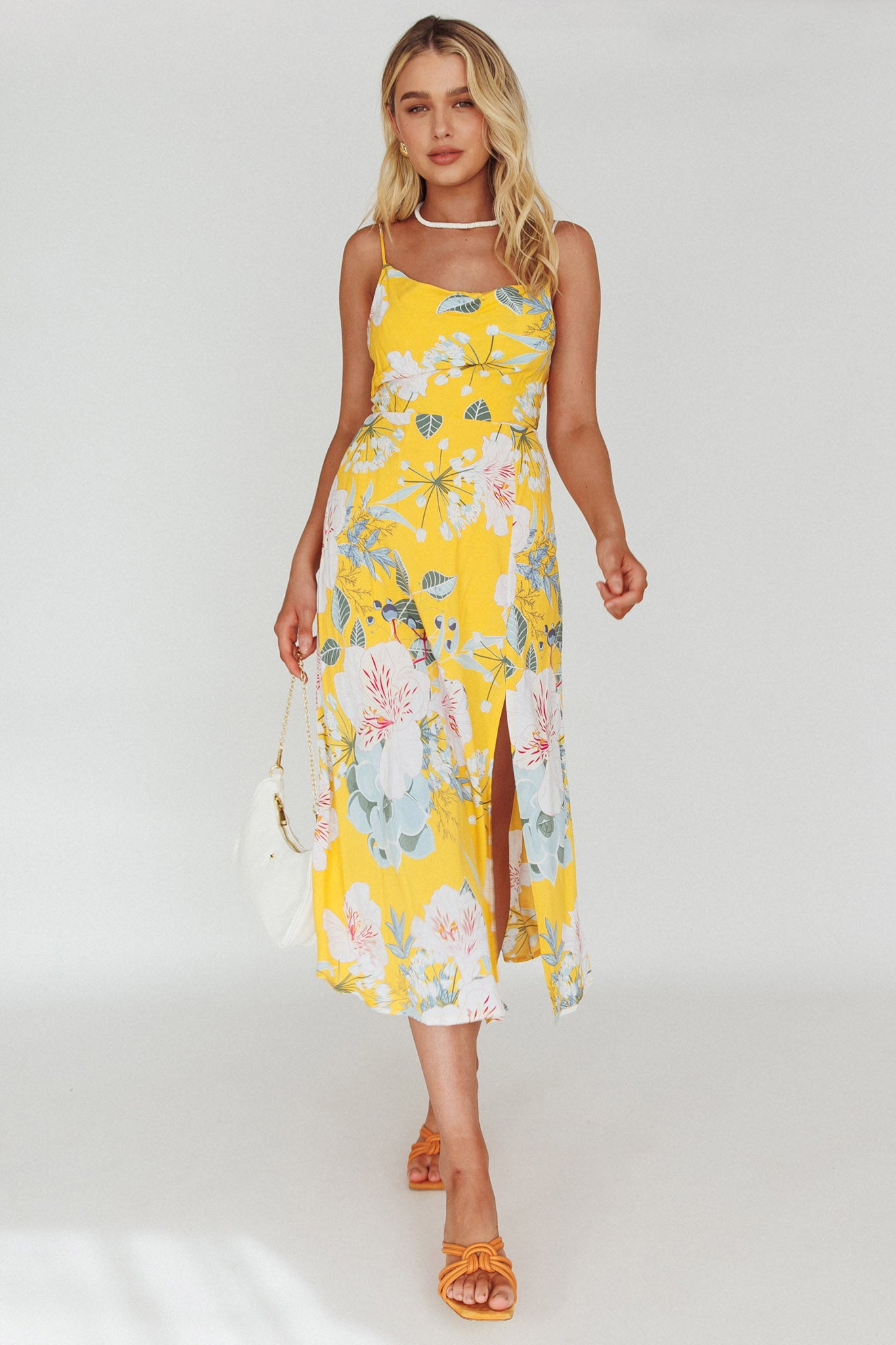 Suki Front Split Midi Dress Lily Mustard-Maymioy