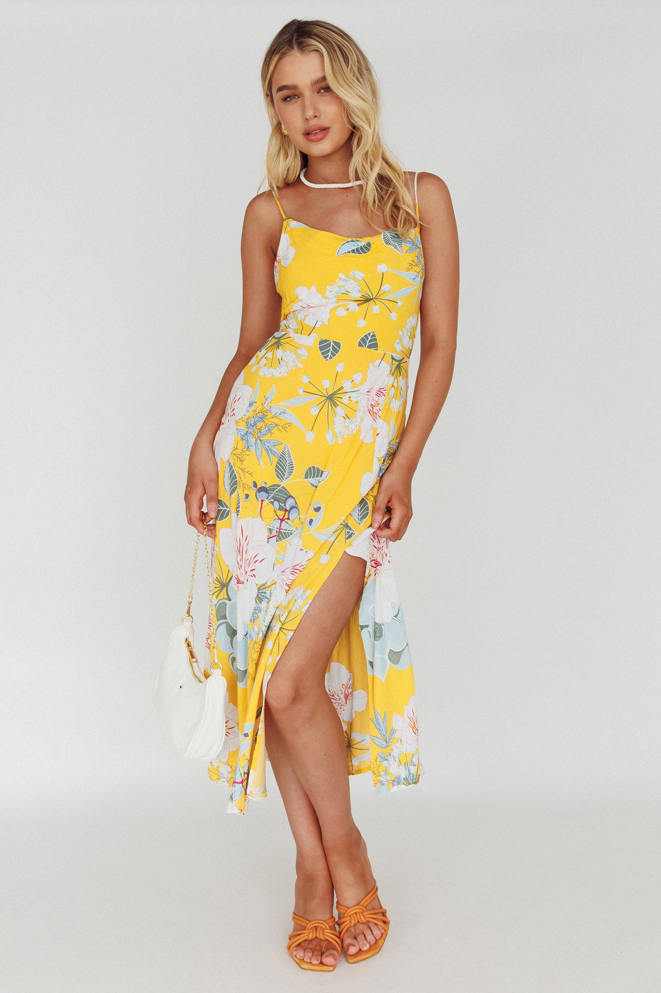 Suki Front Split Midi Dress Lily Mustard-Maymioy