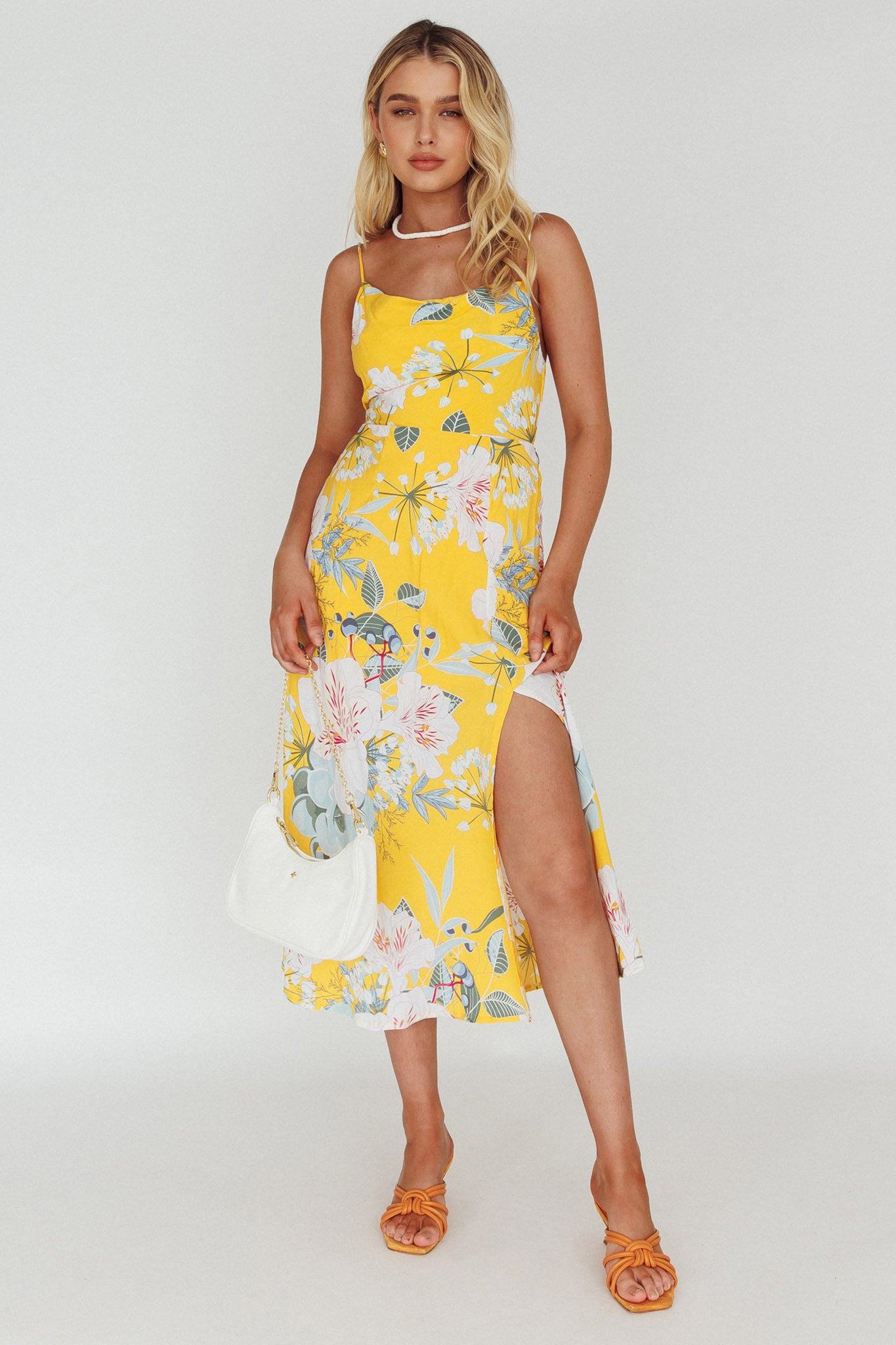 Suki Front Split Midi Dress Lily Mustard-Maymioy