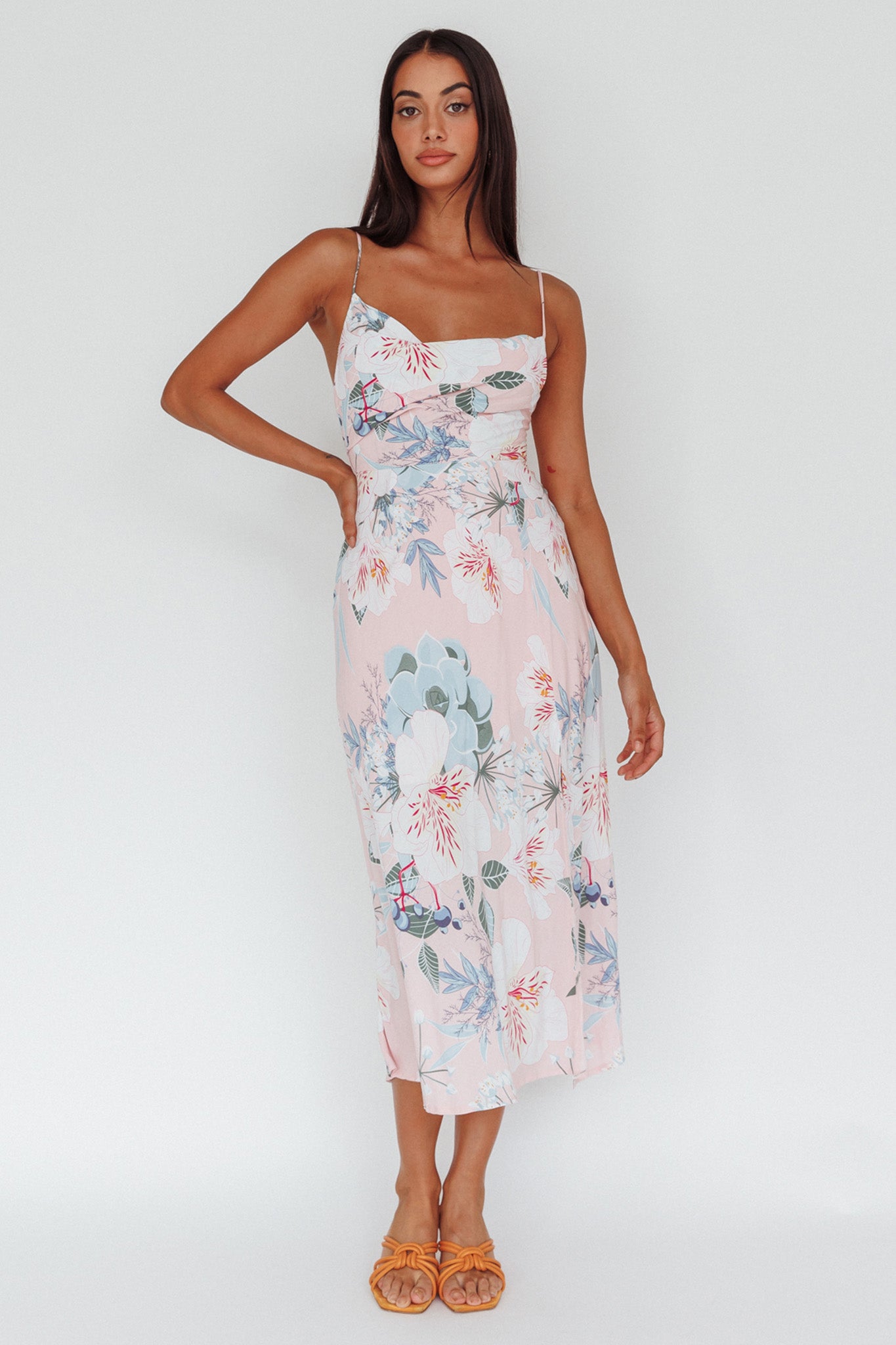 Suki Front Split Midi Dress Lily Light Pink-Maymioy