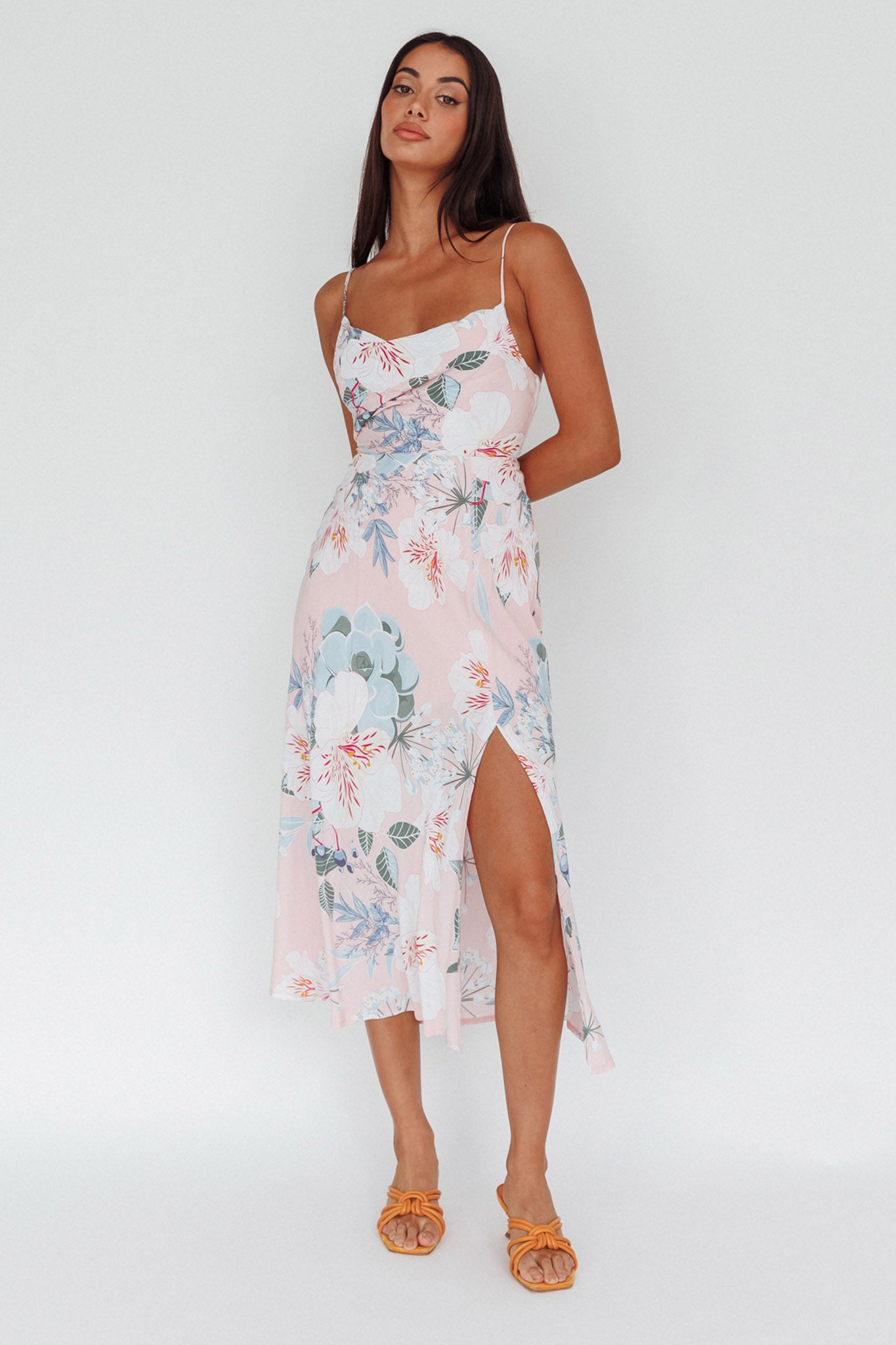 Suki Front Split Midi Dress Lily Light Pink-Maymioy