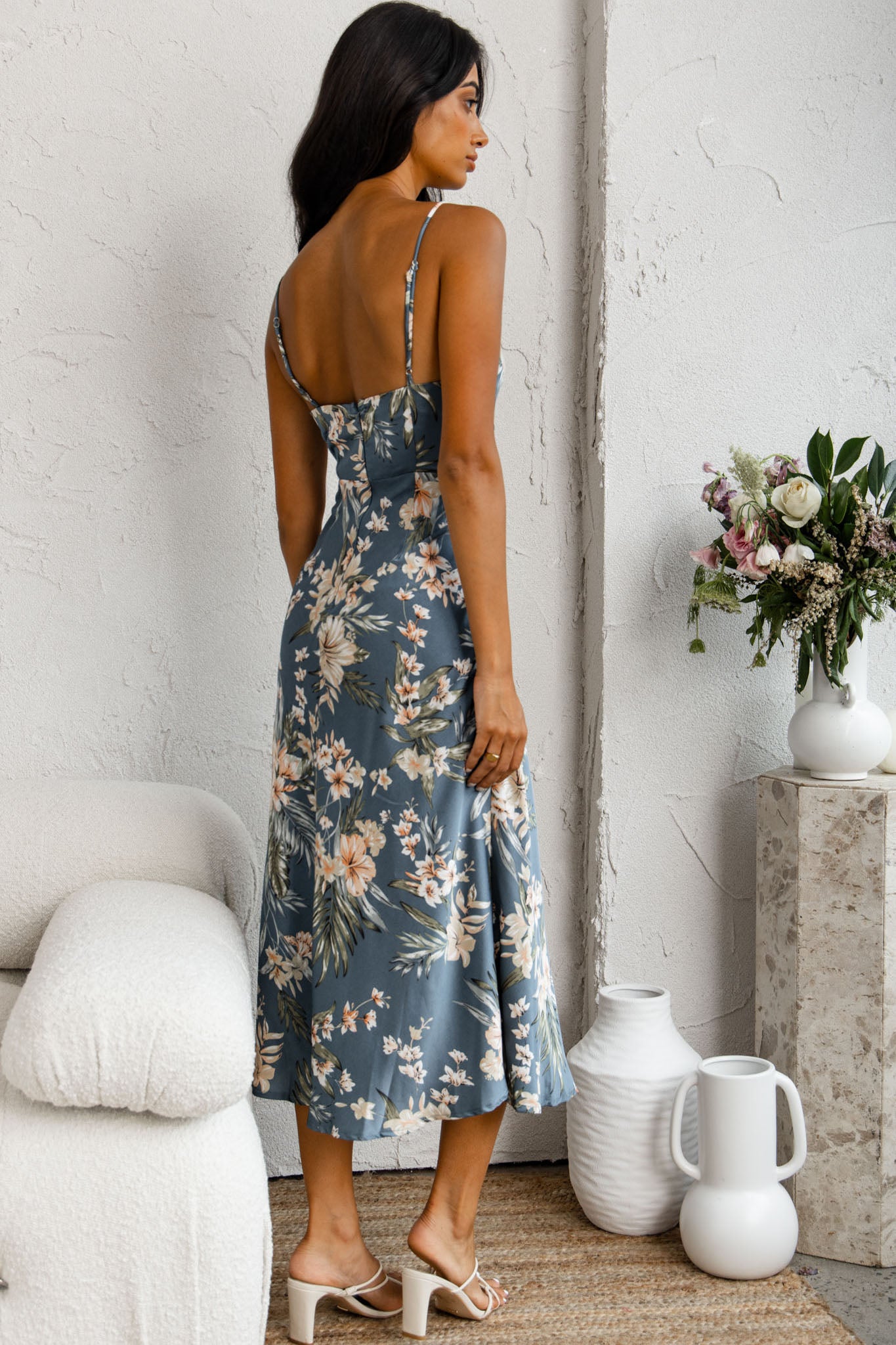 Suki Front Split Midi Dress Tropical Floral Print Navy-Maymioy