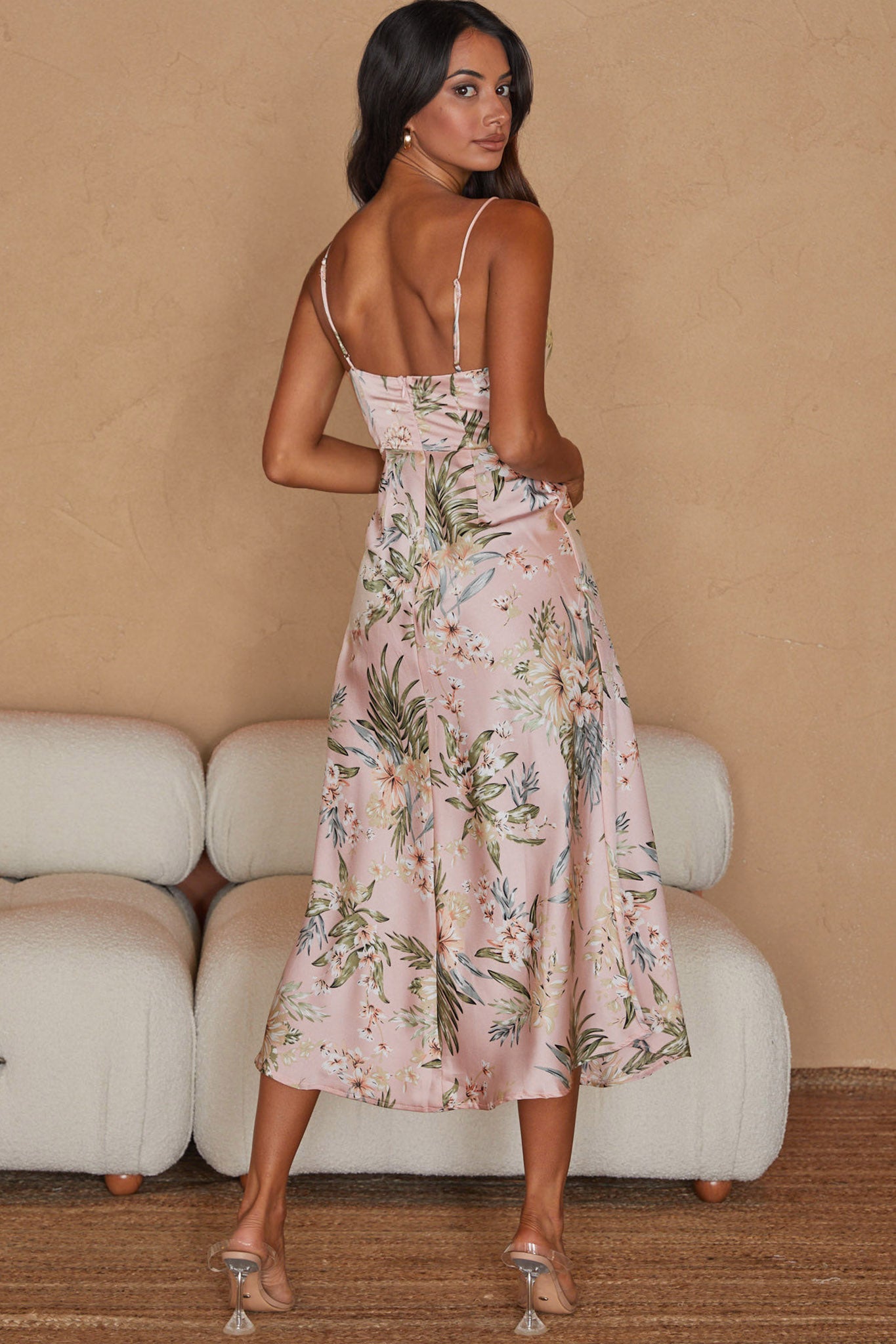 Suki Front Split Midi Dress Tropical Floral Print Pink-Maymioy