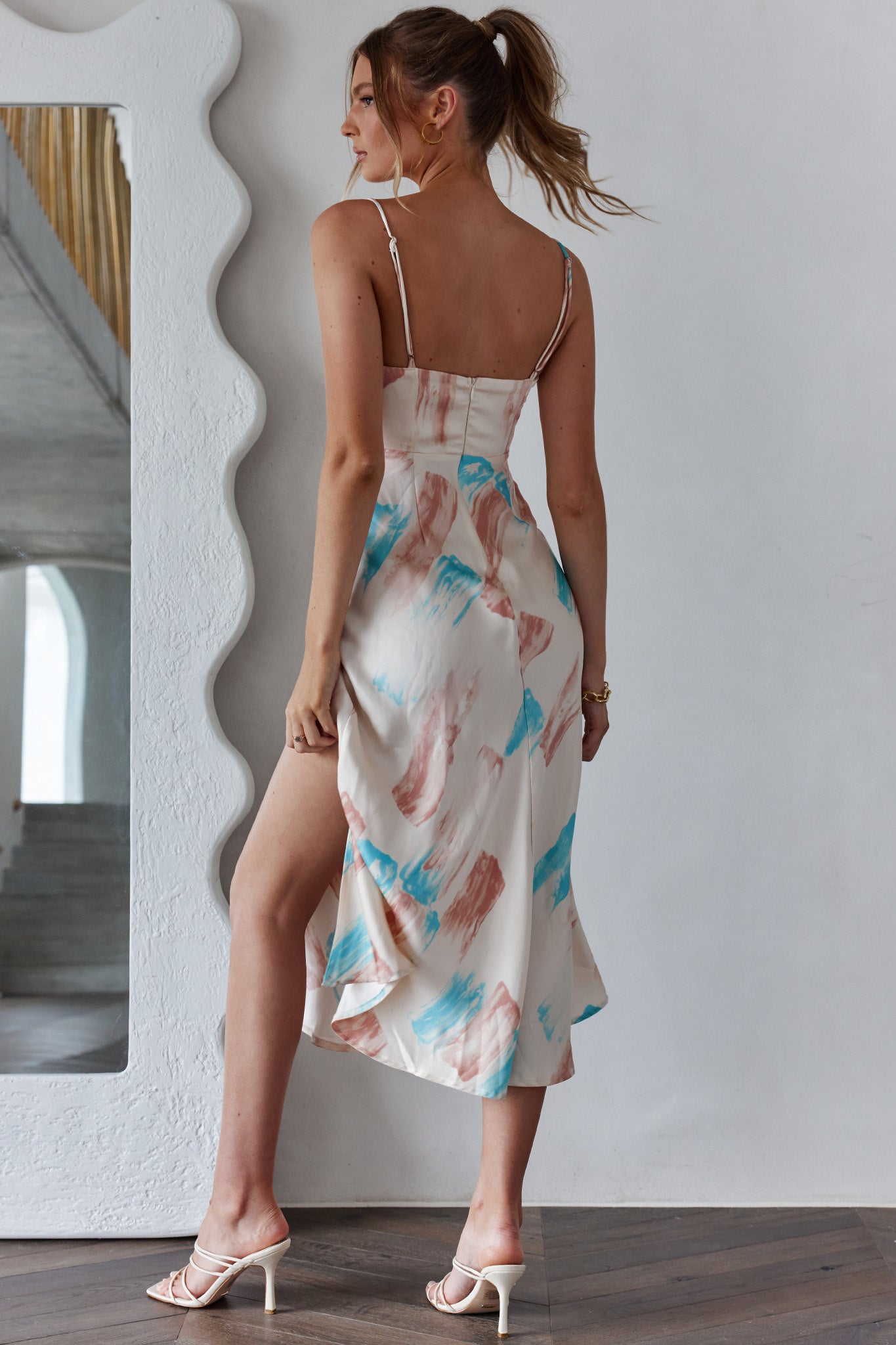 Suki Front Split Midi Dress Watercolor Paint Print Pink-Maymioy