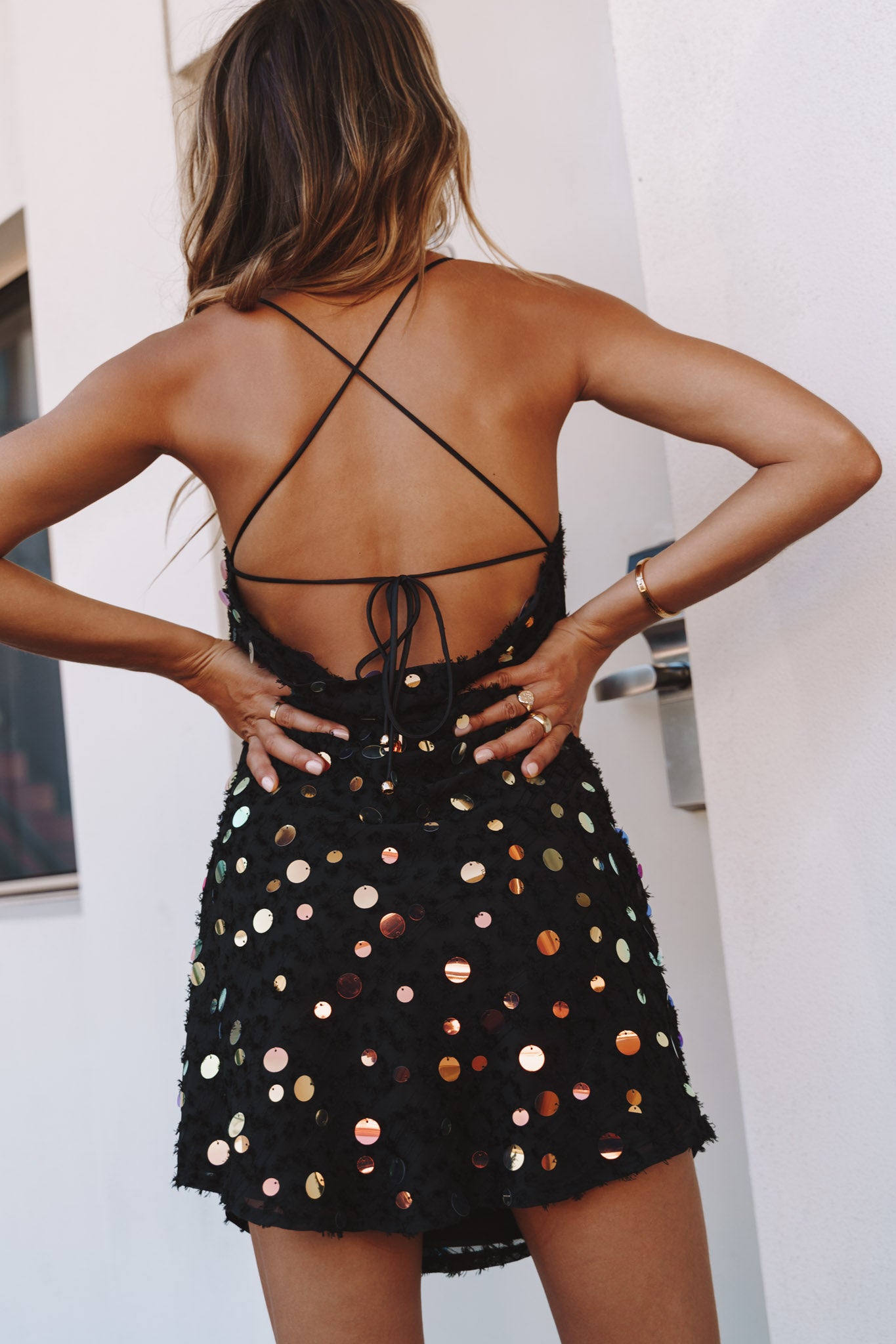 Candid Moment Strappy Cowl Back Sequin Mini Dress Black-Maymioy