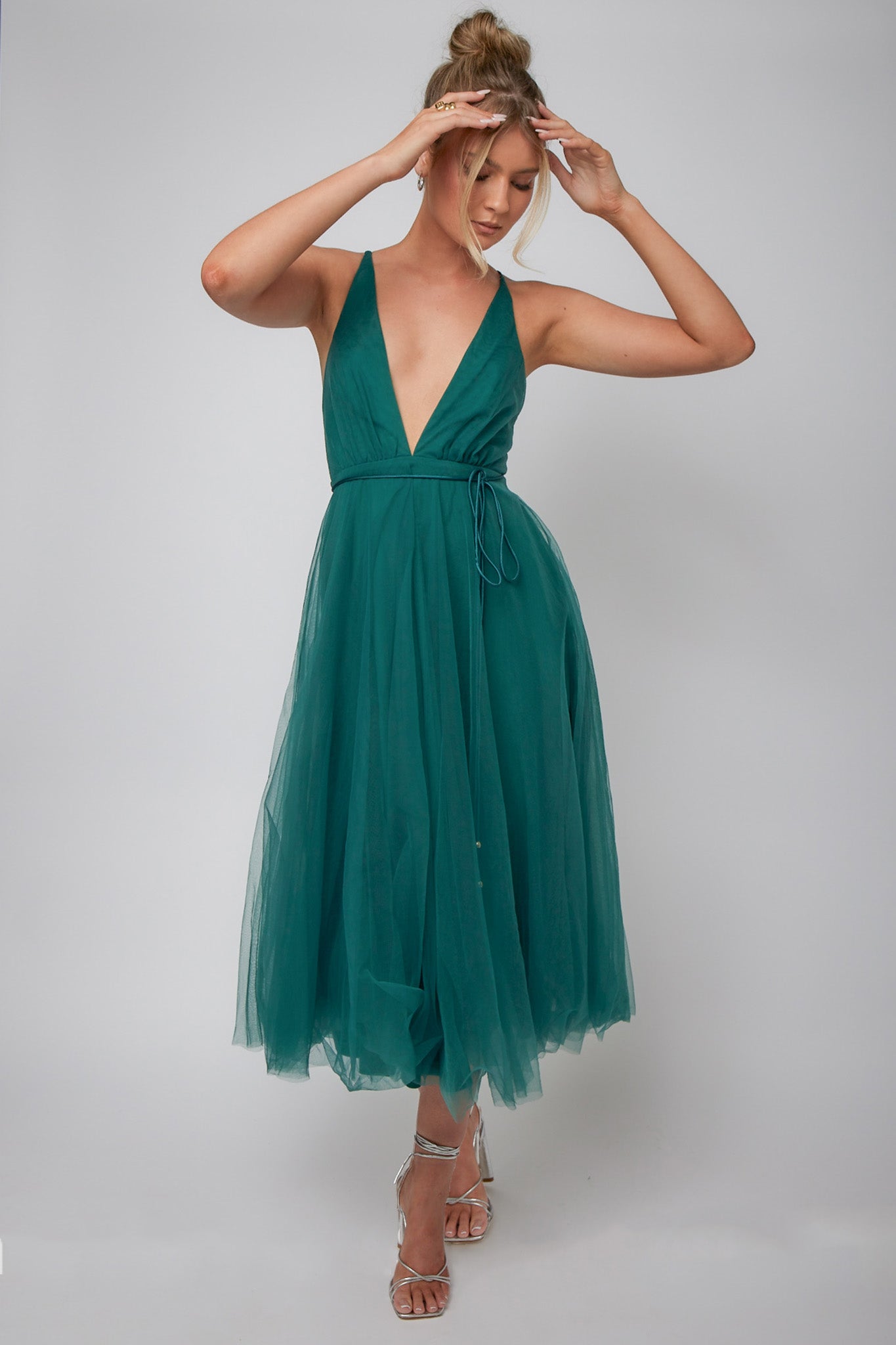 Floating By Plunging Neckline Mesh Overlay Midi Dress Forest Green-Maymioy