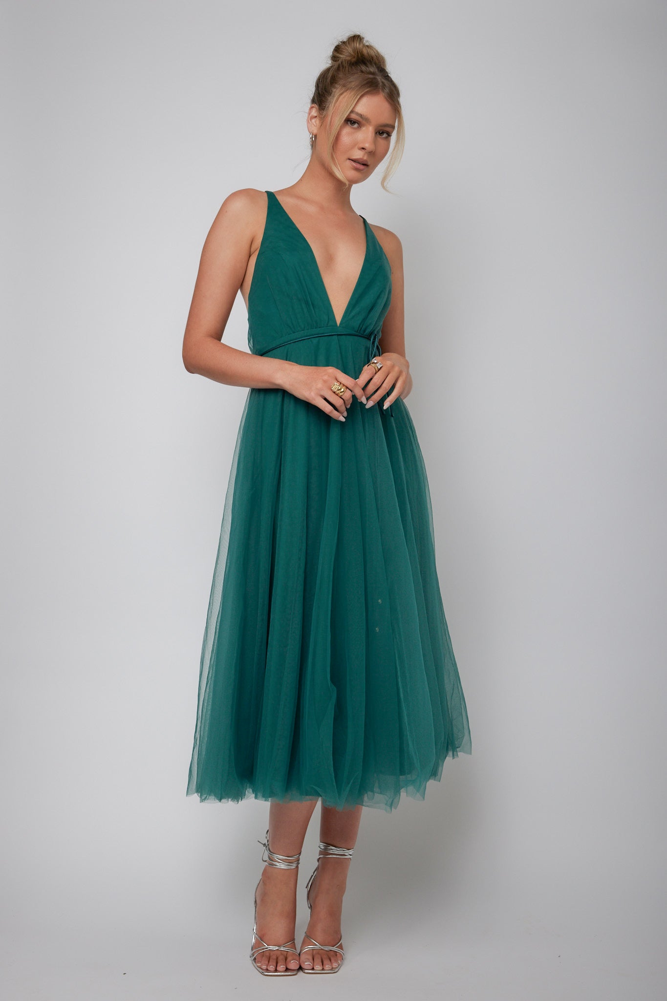 Floating By Plunging Neckline Mesh Overlay Midi Dress Forest Green-Maymioy