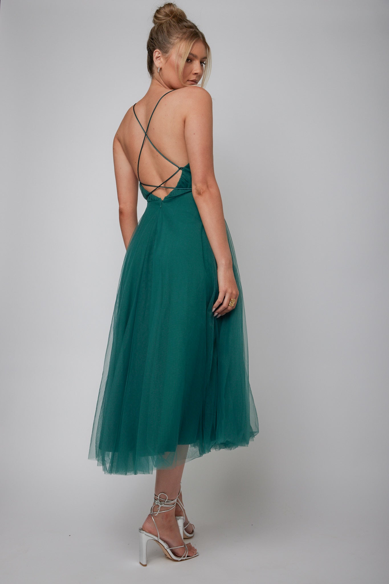 Floating By Plunging Neckline Mesh Overlay Midi Dress Forest Green-Maymioy