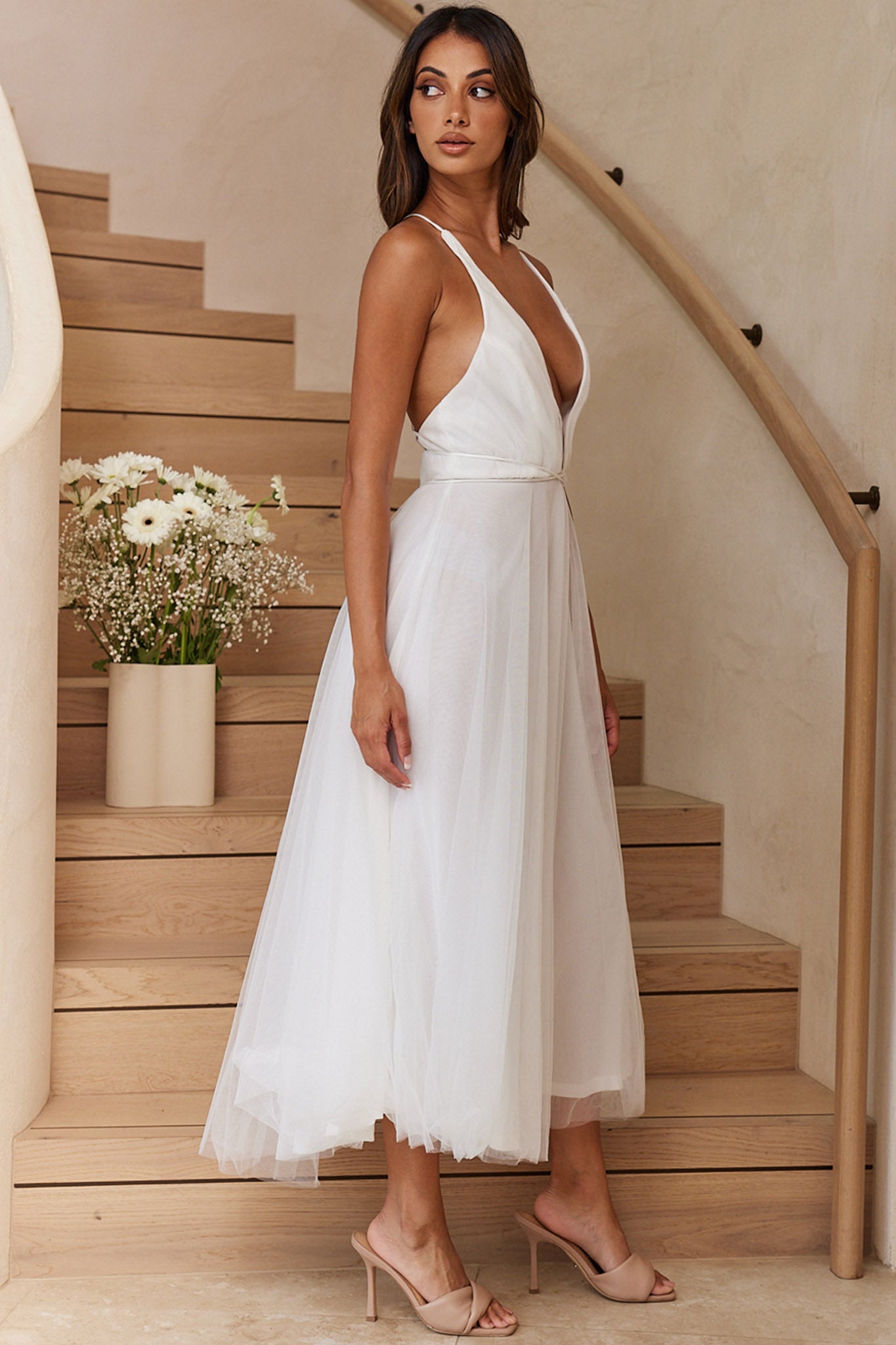 Floating By Plunging Neckline Mesh Overlay Midi Dress White-Maymioy