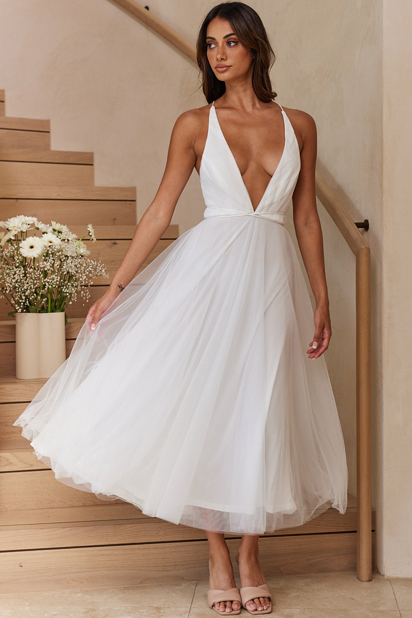 Floating By Plunging Neckline Mesh Overlay Midi Dress White-Maymioy