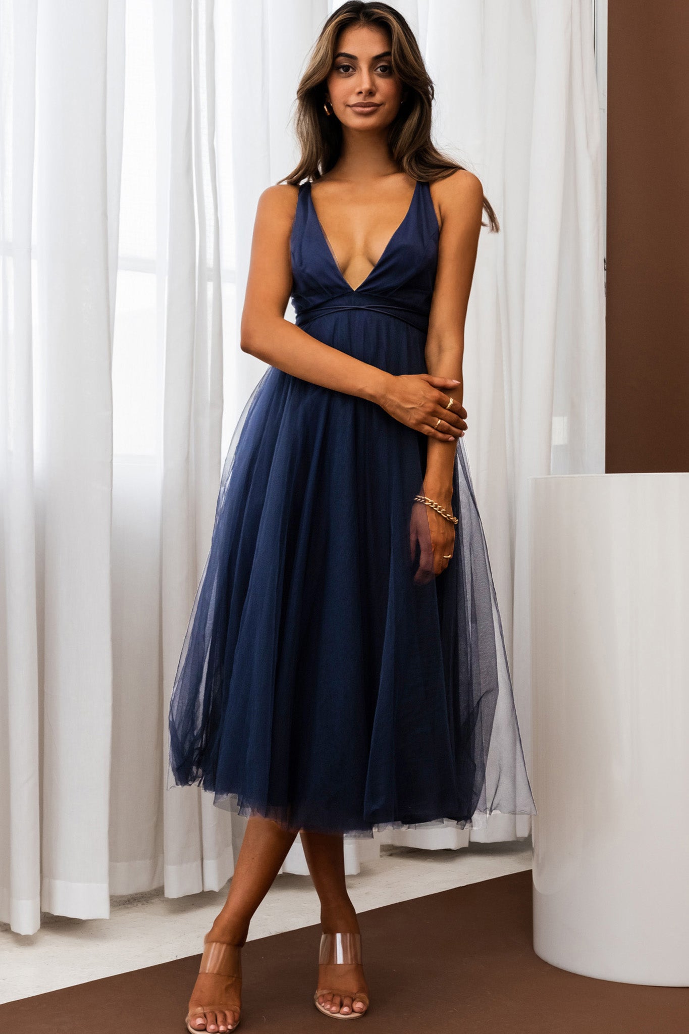 Floating By Plunging Neckline Mesh Overlay Midi Dress Navy-Maymioy