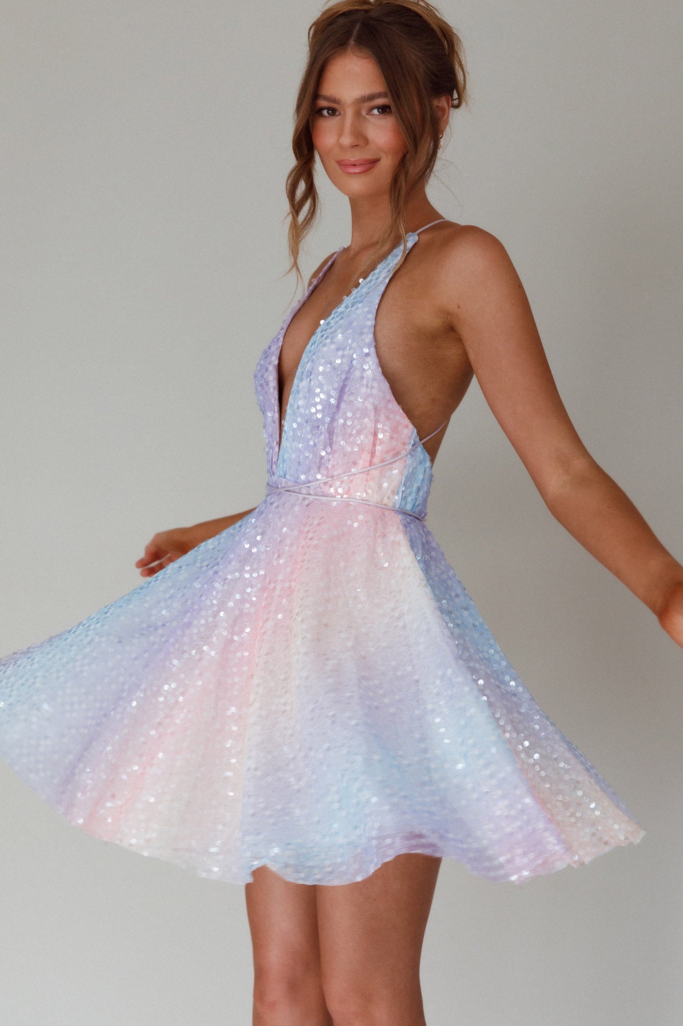 Floating By Plunging Neckline Mini Dress Sequin Rainbow-Maymioy