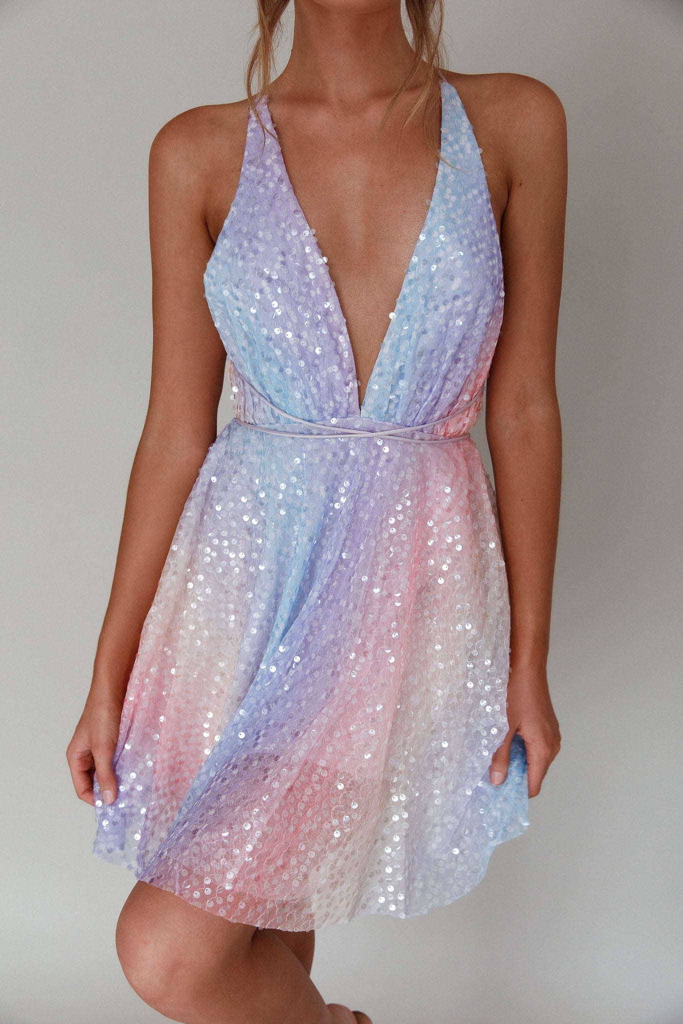 Floating By Plunging Neckline Mini Dress Sequin Rainbow-Maymioy