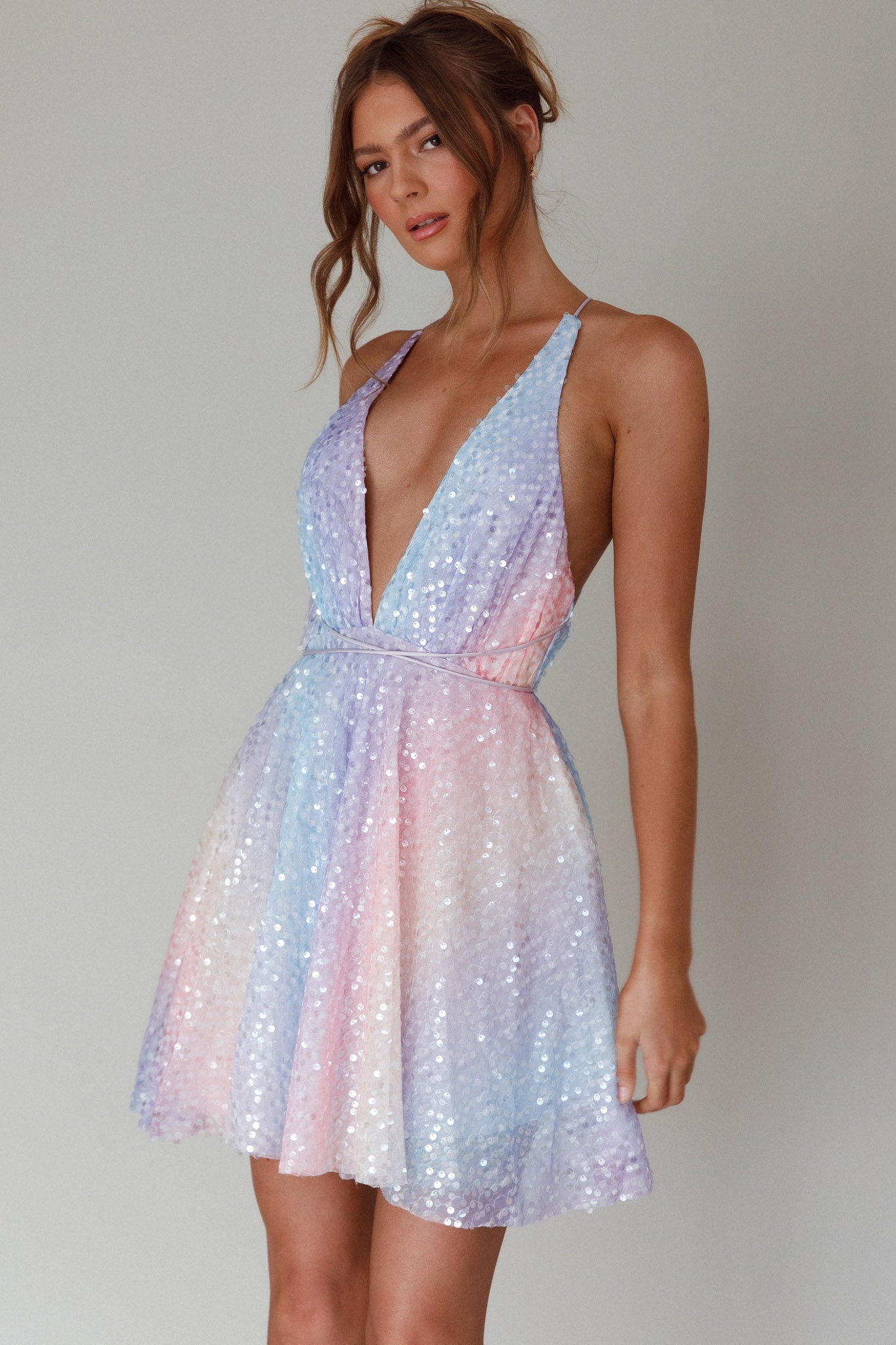 Floating By Plunging Neckline Mini Dress Sequin Rainbow-Maymioy
