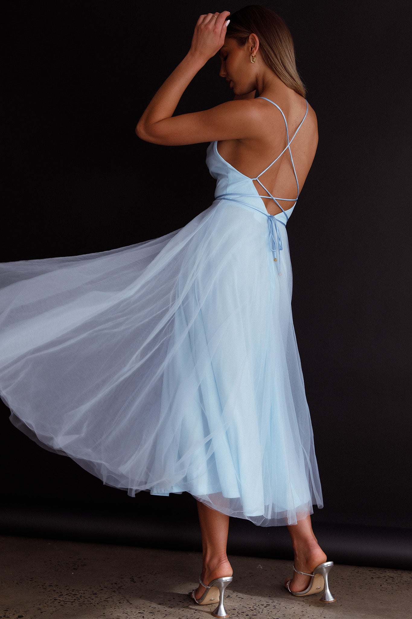 Floating By Pleated Neckline Mesh Midi Dress Blue-Maymioy