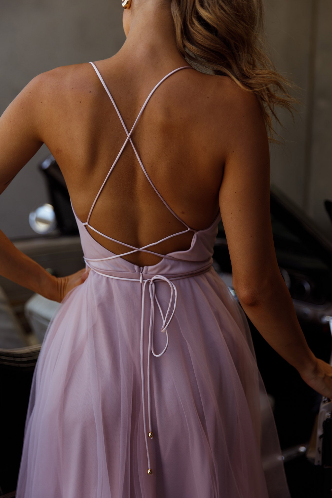 Floating By Pleated Neckline Mesh Midi Dress Blush-Maymioy