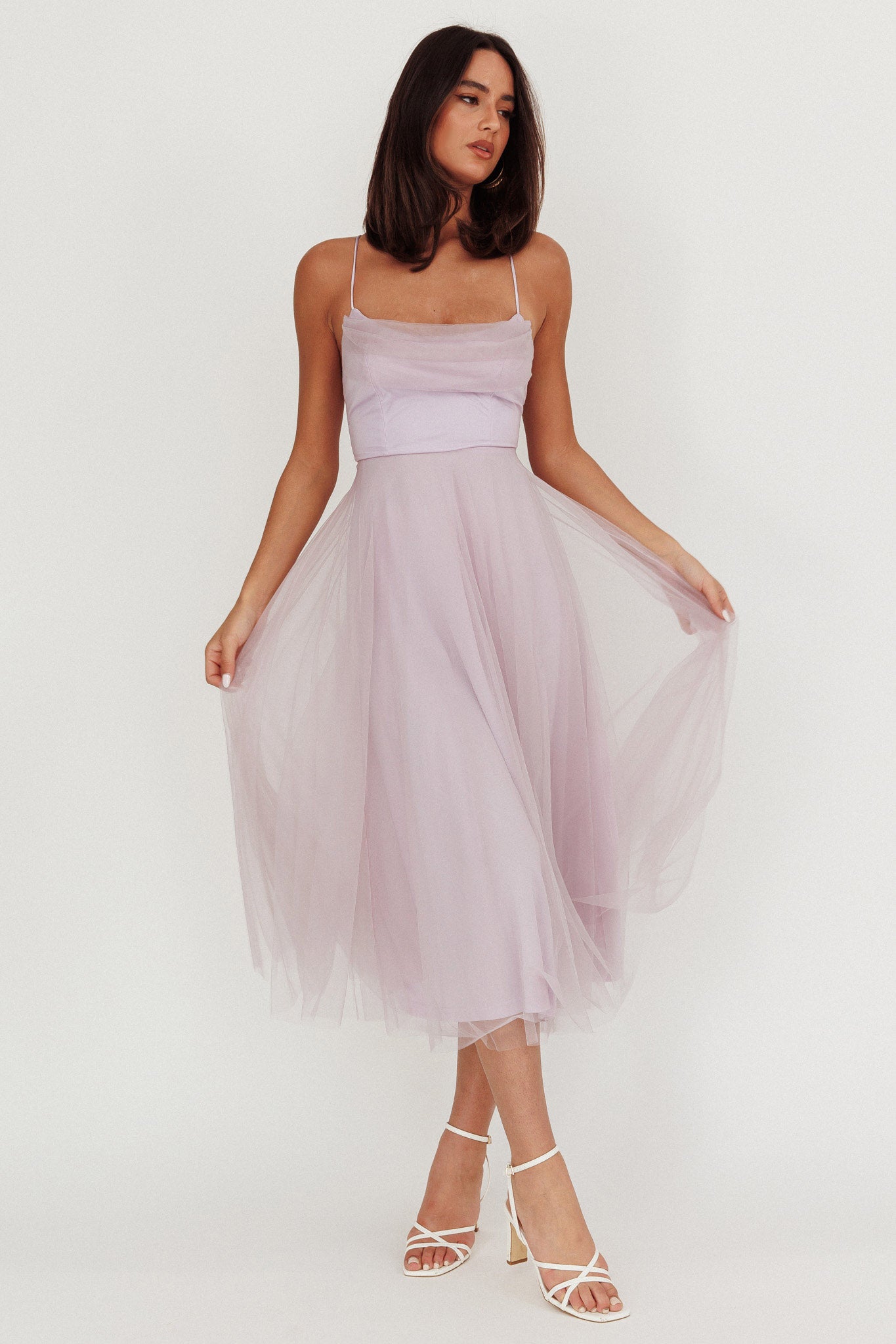 Floating By Pleated Neckline Mesh Midi Dress Lilac-Maymioy