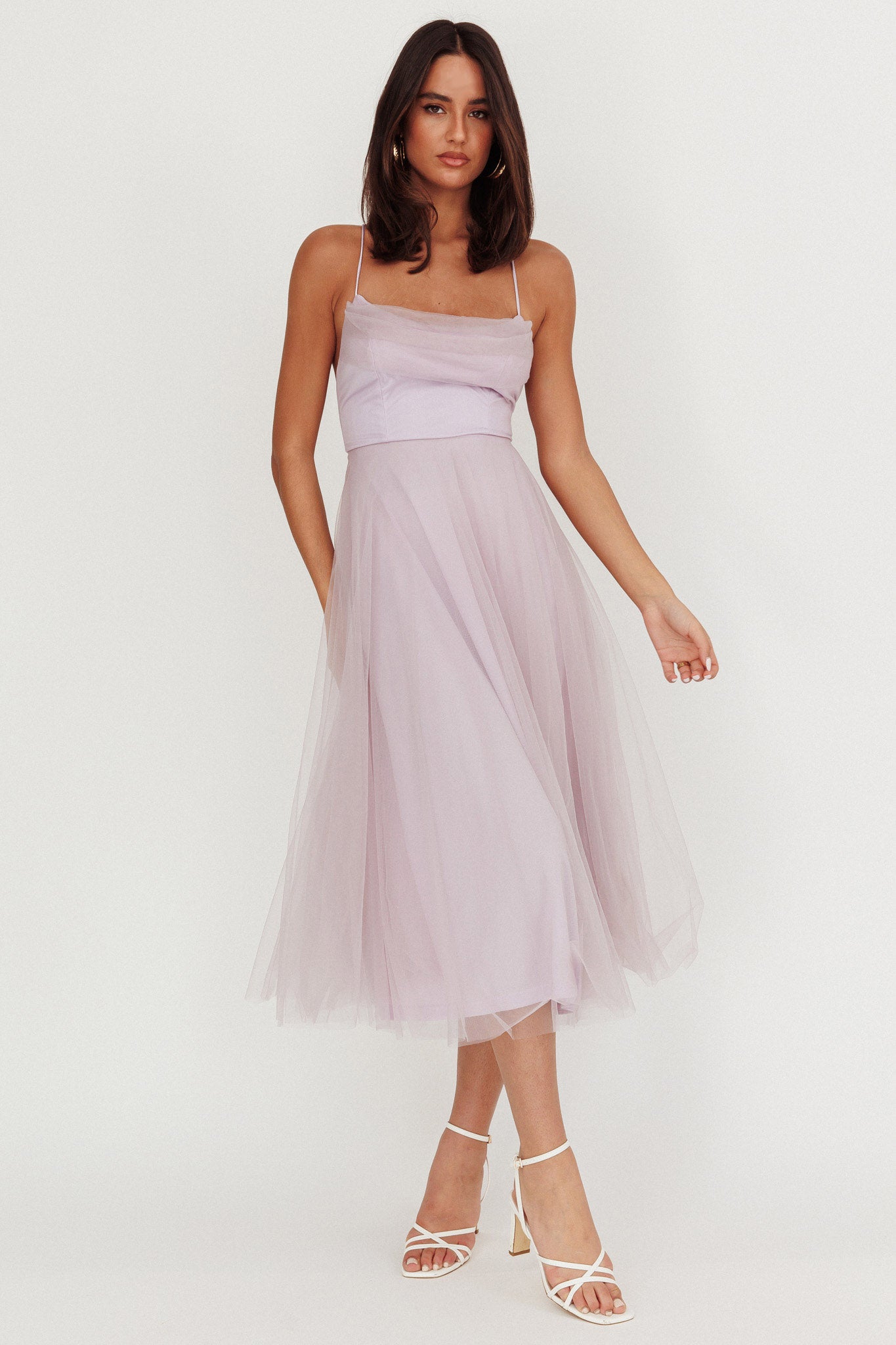 Floating By Pleated Neckline Mesh Midi Dress Lilac-Maymioy