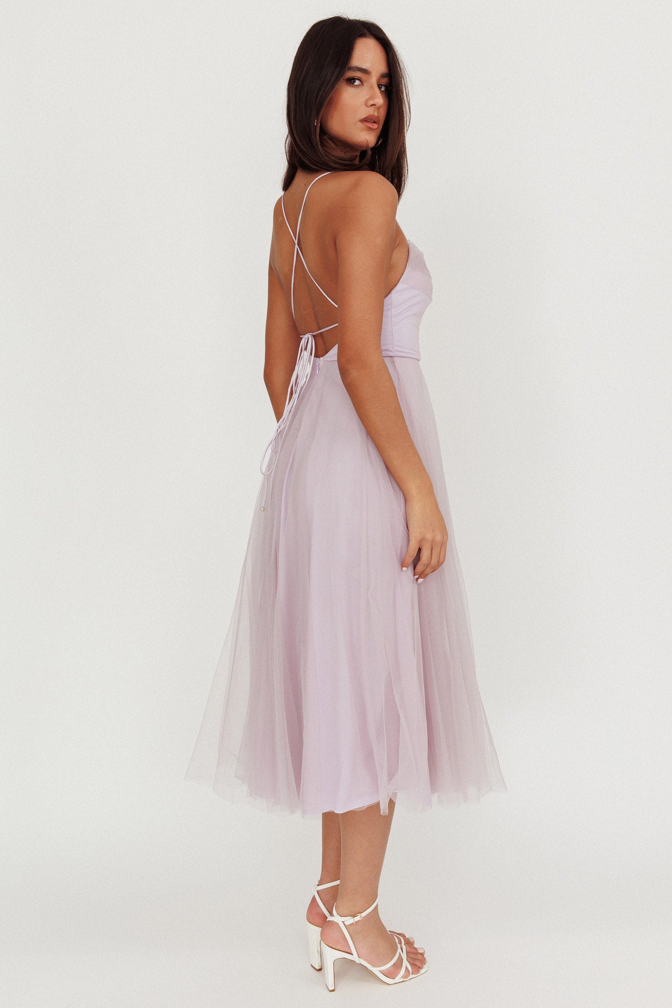 Floating By Pleated Neckline Mesh Midi Dress Lilac-Maymioy